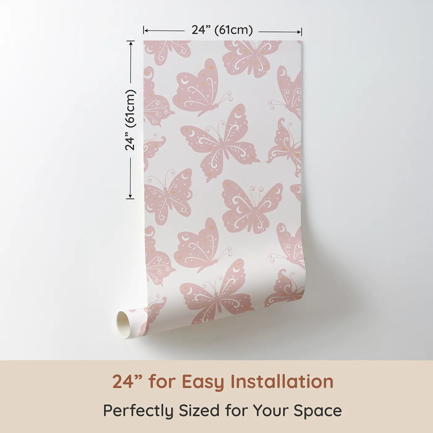 Dimension view of Whimsy Tots Celestial Wings Butterfly Wallpaper in Blush Pink (W3054B). Printed in 24-inch-wide panel for easy installation. Stardust butterflies float through soft pink moonlight.