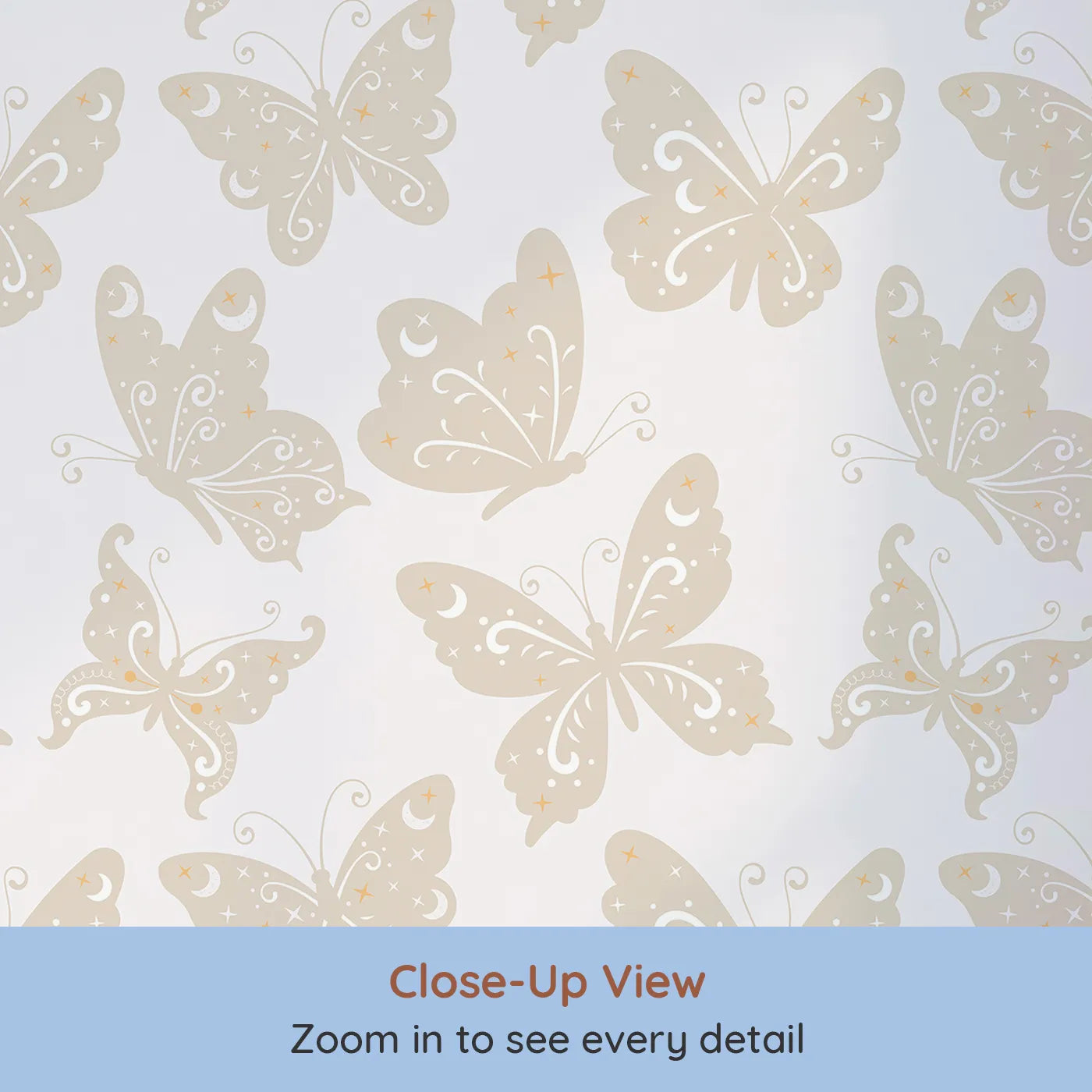 Close-up view of Whimsy Tots' Celestial Wings Butterfly Wallpaper in Beige (W3054C).Beige butterflies sparkle with starlight across a peaceful sky.