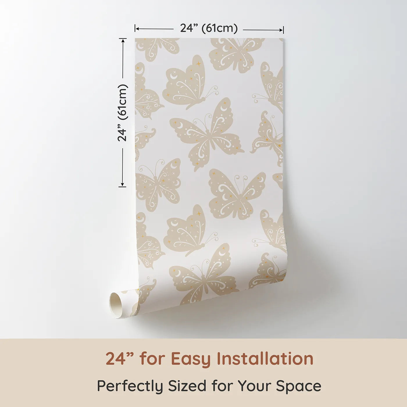 Dimension view of Whimsy Tots Celestial Wings Butterfly Wallpaper in Beige (W3054C). Printed in 24-inch-wide panel for easy installation. Beige butterflies sparkle with starlight across a peaceful sky.