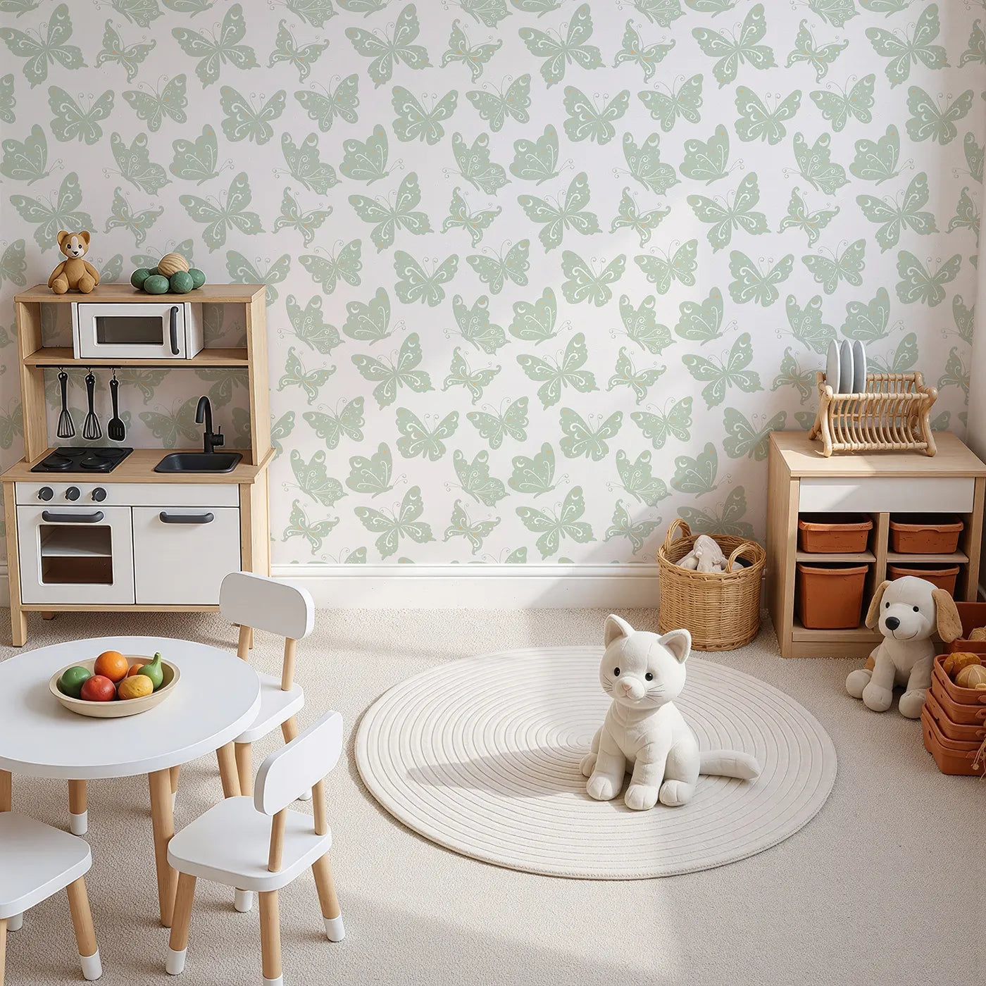 Top-Down view of Whimsy Tots' Celestial Wings Butterfly Wallpaper in Mint Green (W3054D).Minty butterflies glide gently through a sky of moonlight and sparkles.