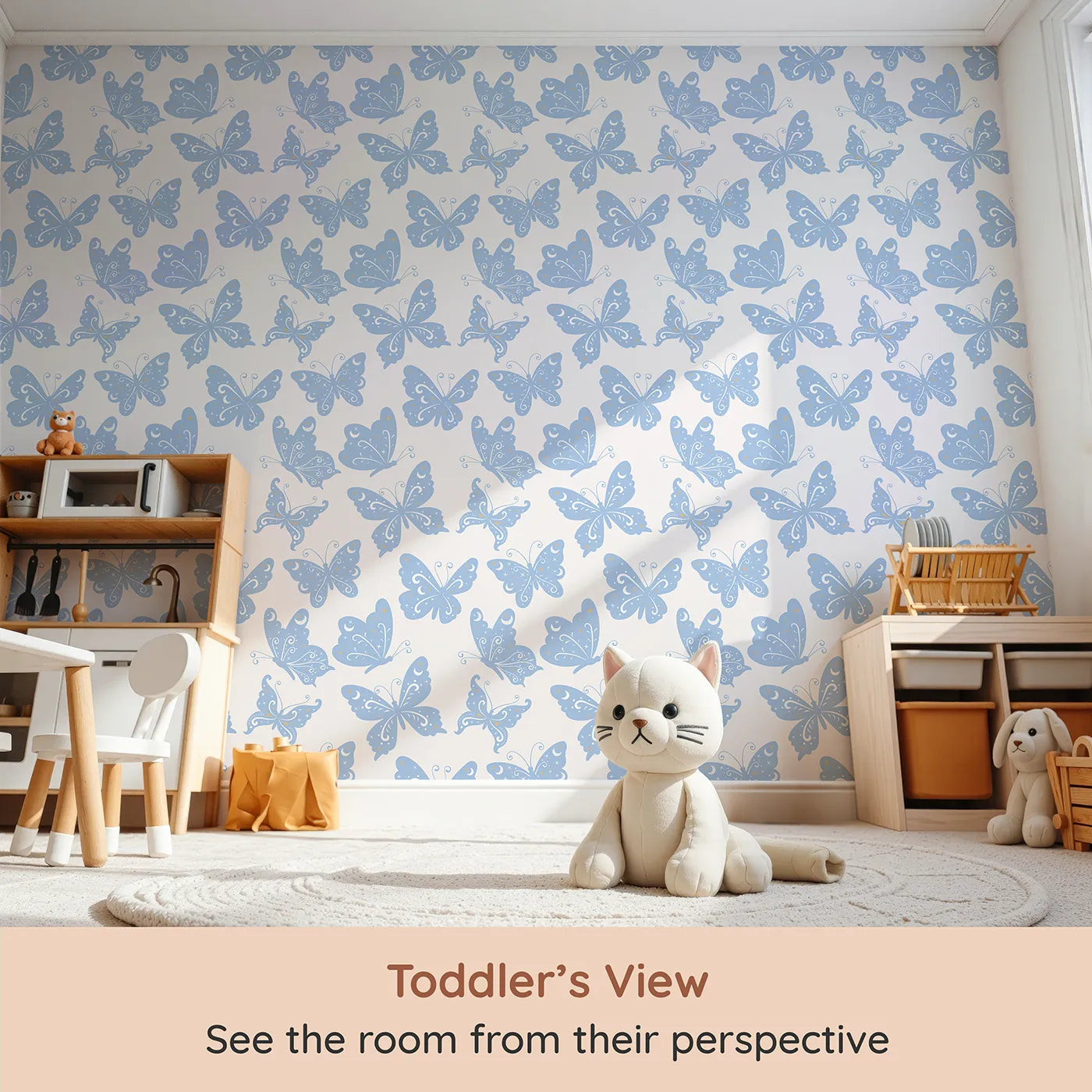 Whimsy Tots Celestial Wings Butterfly Wallpaper in Baby Blue (W3054E) from your child's view.Blue butterflies shimmer with moonlight magic and twinkling stars.
