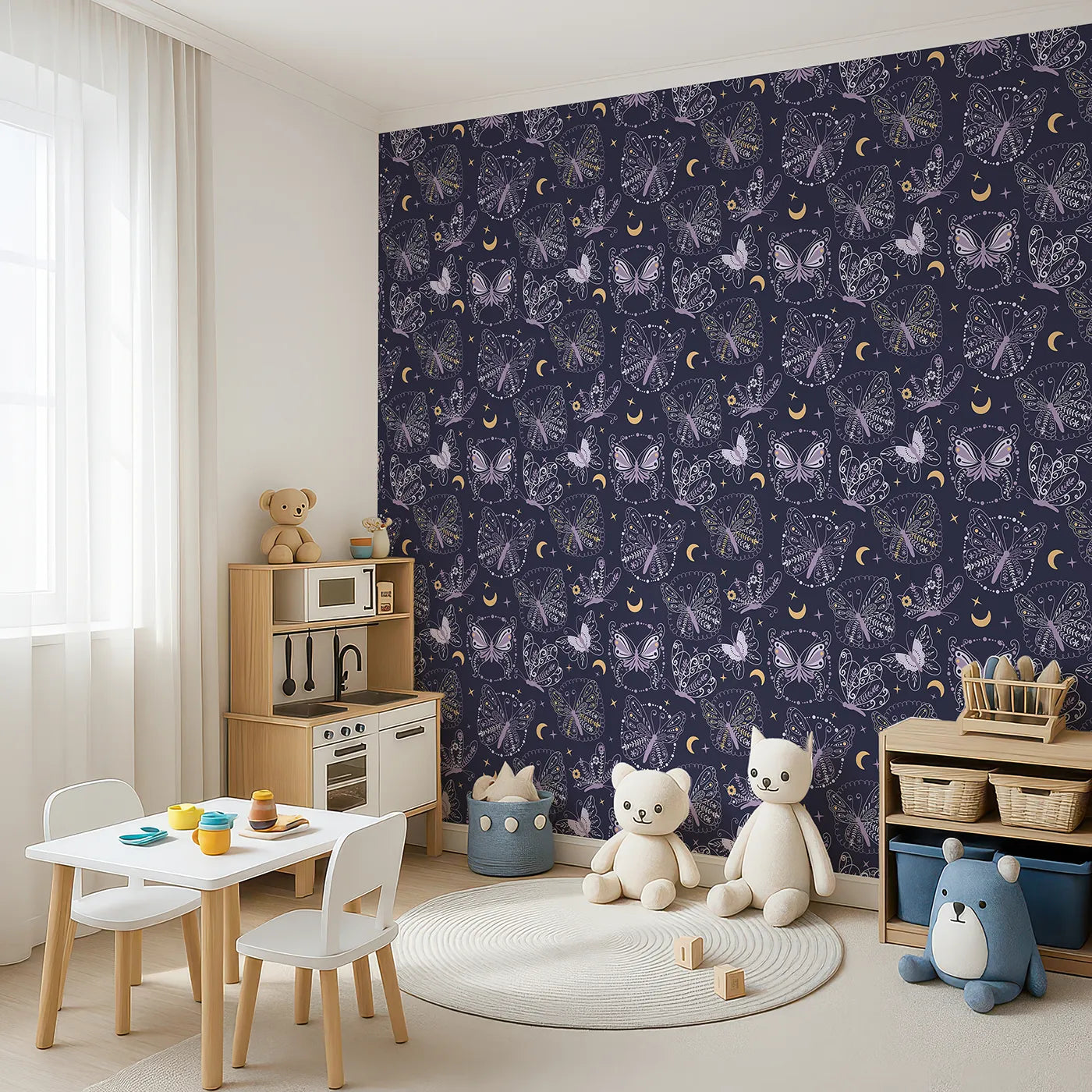 Angled view of Whimsy Tots' Starglow Garden Butterfly Wallpaper in Midnight Navy Blue (W3055A).Floral-winged butterflies twirl beneath crescent moons and golden stars.