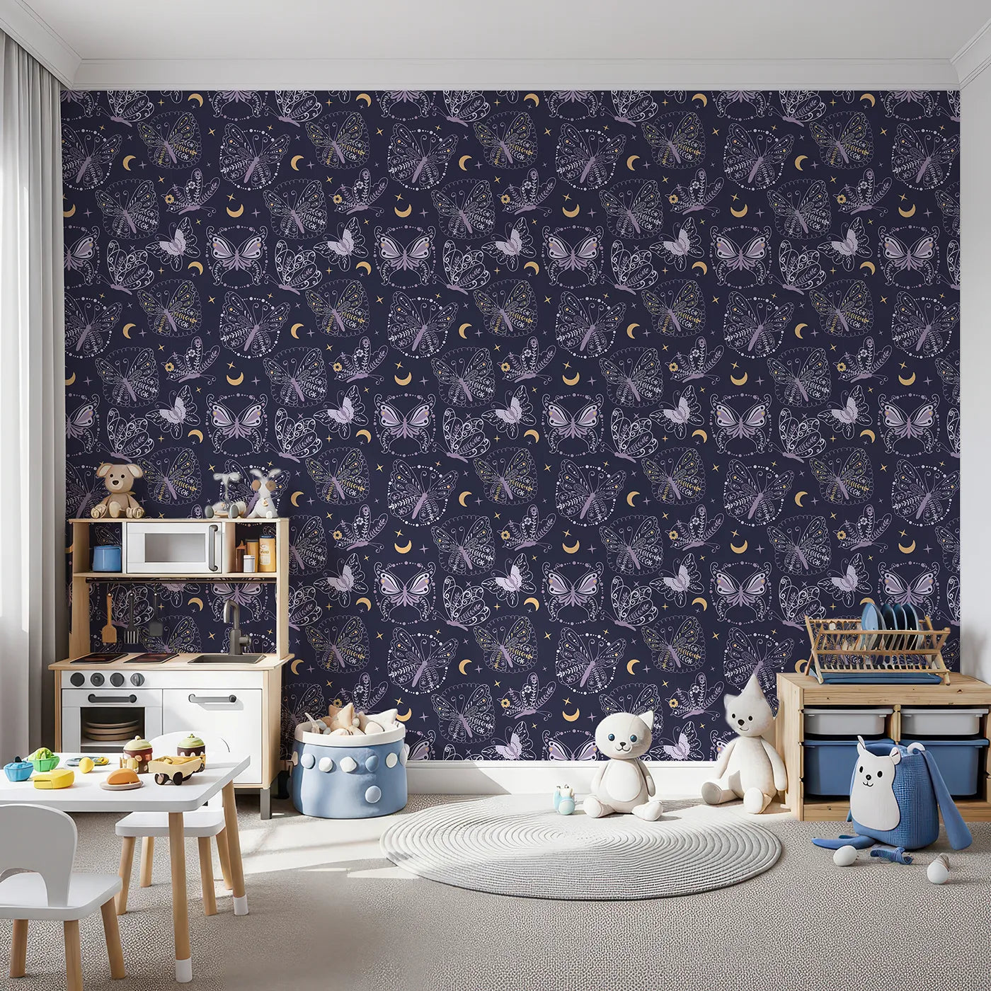 Front view of Whimsy Tots' Starglow Garden Butterfly Wallpaper in Midnight Navy Blue