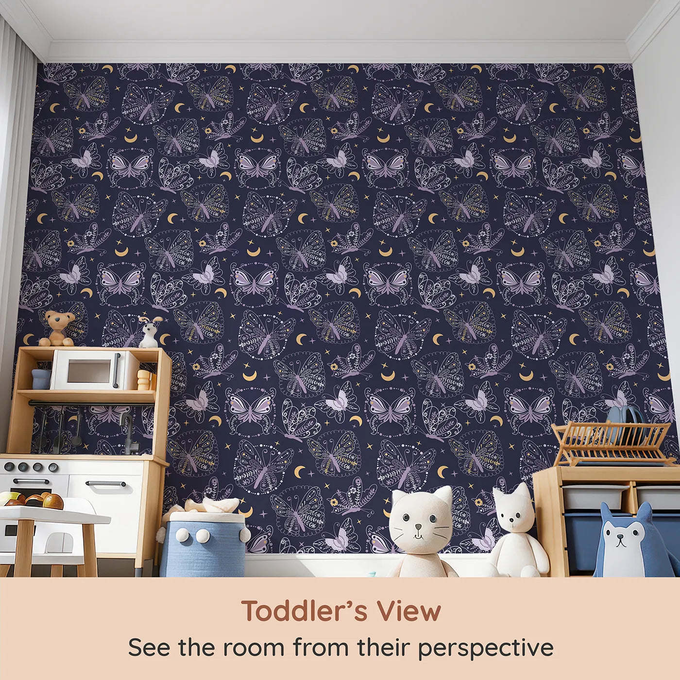 Whimsy Tots Starglow Garden Butterfly Wallpaper in Midnight Navy Blue (W3055A) from your child's view.Floral-winged butterflies twirl beneath crescent moons and golden stars.