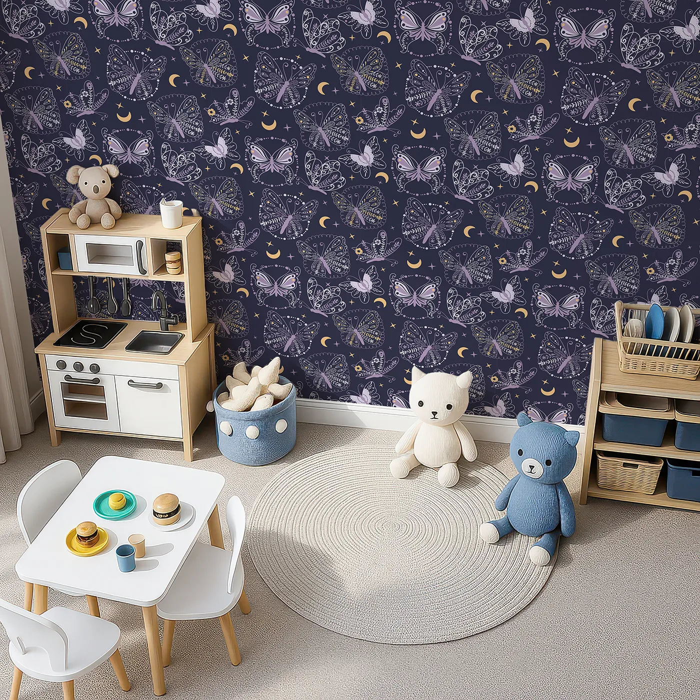 Top-Down view of Whimsy Tots' Starglow Garden Butterfly Wallpaper in Midnight Navy Blue (W3055A).Floral-winged butterflies twirl beneath crescent moons and golden stars.