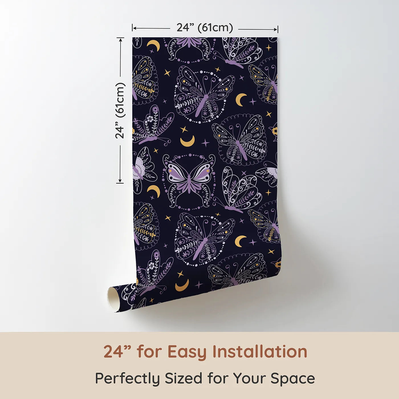 Dimension view of Whimsy Tots Starglow Garden Butterfly Wallpaper in Midnight Navy Blue (W3055A). Printed in 24-inch-wide panel for easy installation. Floral-winged butterflies twirl beneath crescent moons and golden stars.