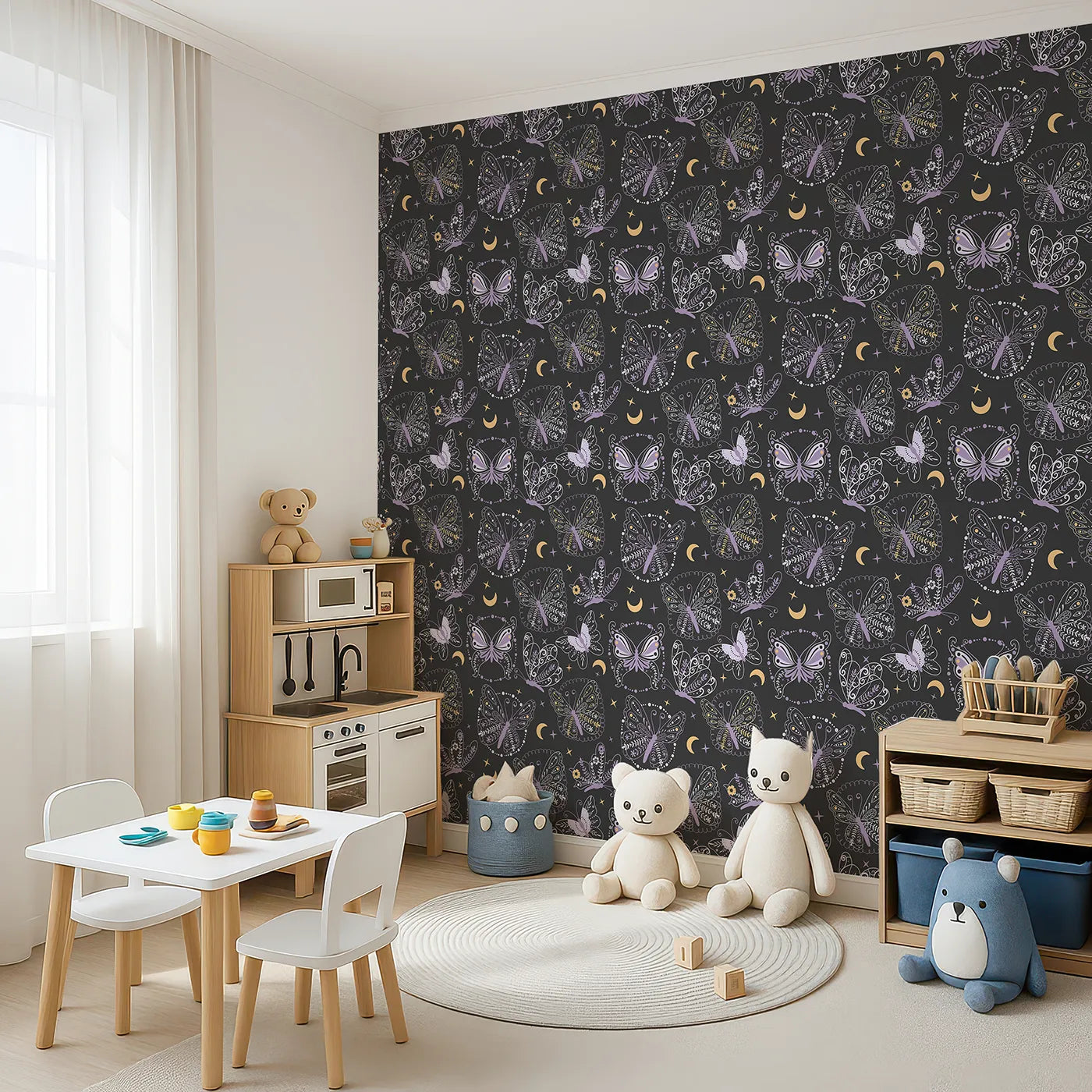 Angled view of Whimsy Tots' Starglow Garden Butterfly Wallpaper in Charcoal Gray (W3055B).Whimsical butterflies with floral wings float under golden stars.