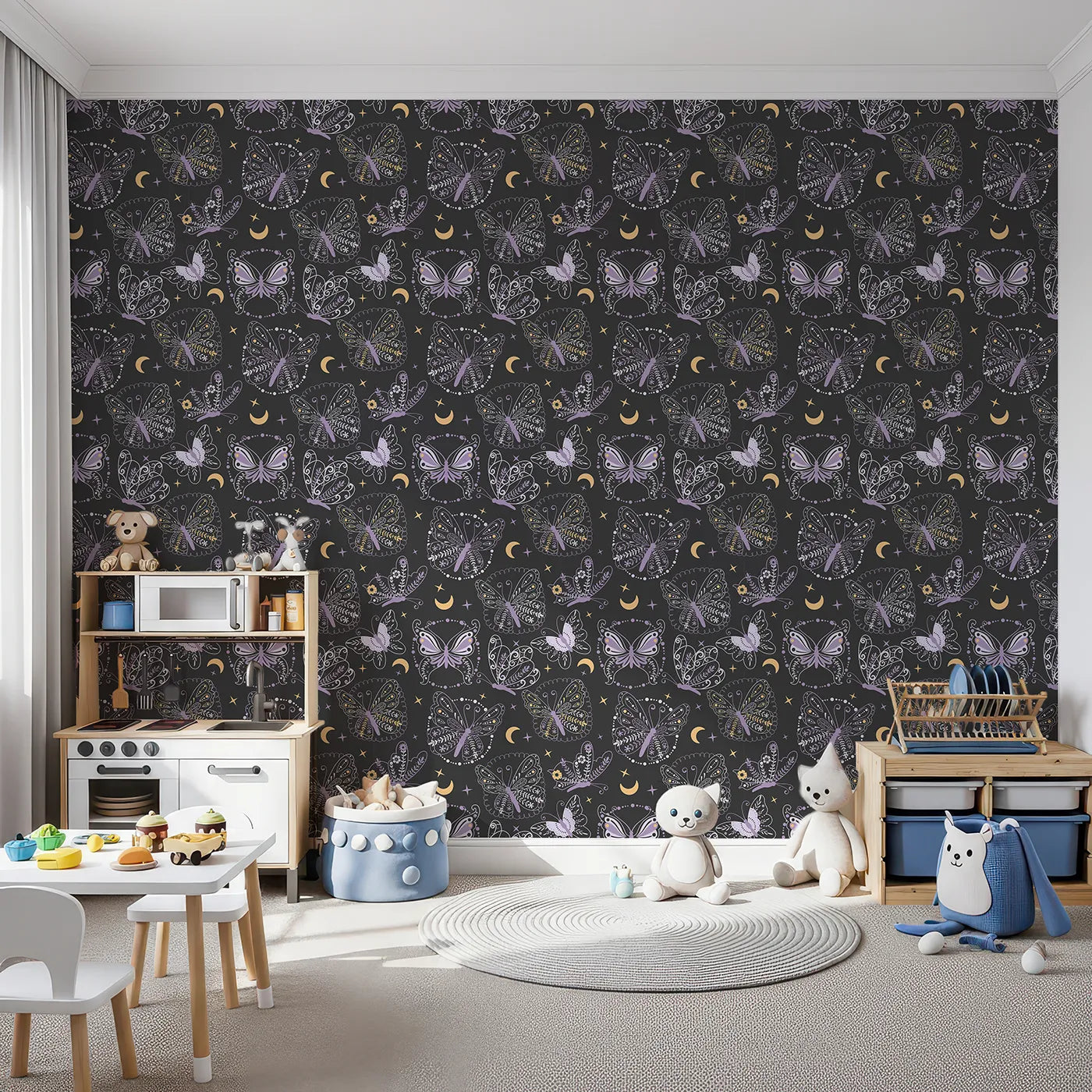 Front view of Whimsy Tots' Starglow Garden Butterfly Wallpaper in Charcoal Gray