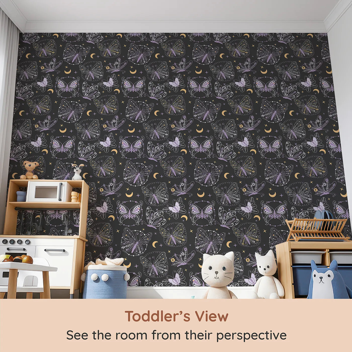 Whimsy Tots Starglow Garden Butterfly Wallpaper in Charcoal Gray (W3055B) from your child's view.Whimsical butterflies with floral wings float under golden stars.