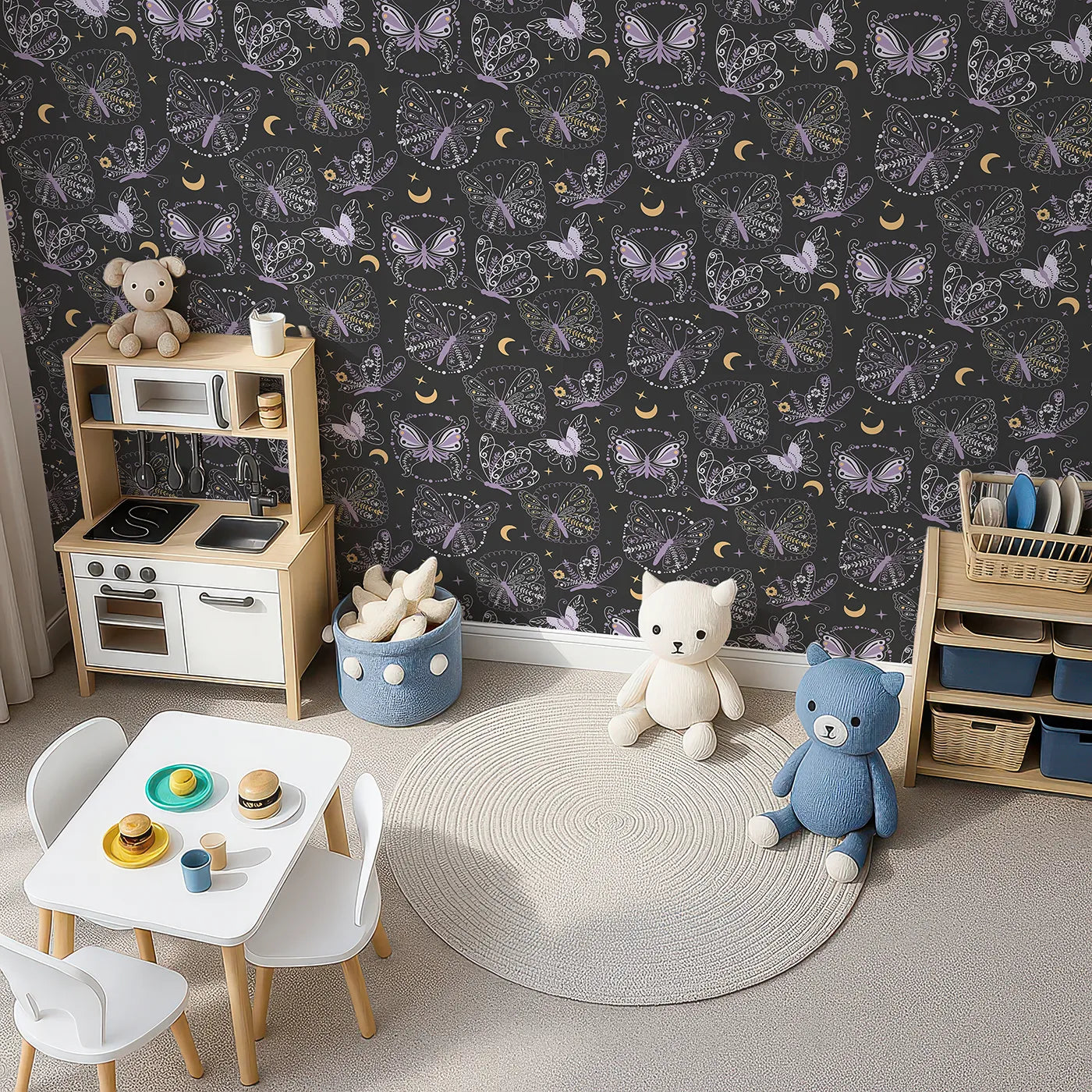 Top-Down view of Whimsy Tots' Starglow Garden Butterfly Wallpaper in Charcoal Gray (W3055B).Whimsical butterflies with floral wings float under golden stars.