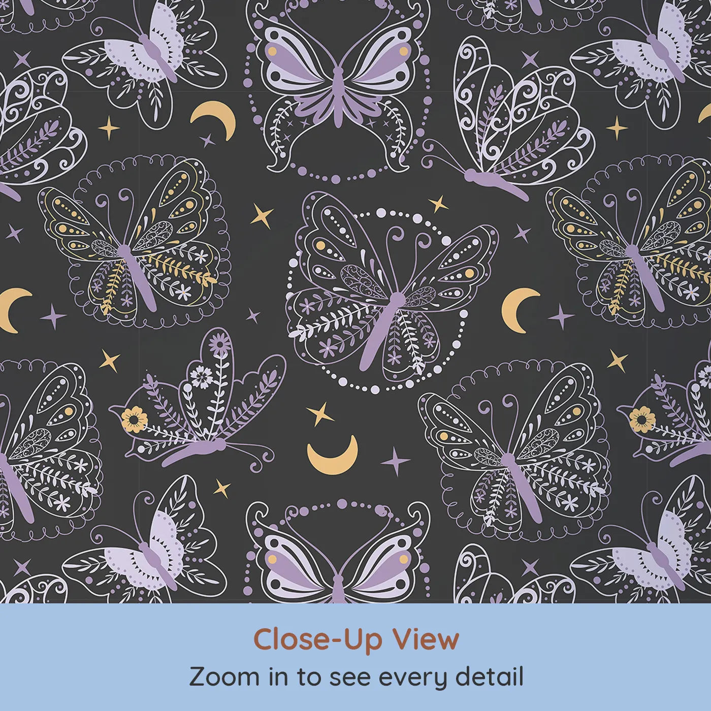 Close-up view of Whimsy Tots' Starglow Garden Butterfly Wallpaper in Charcoal Gray (W3055B).Whimsical butterflies with floral wings float under golden stars.