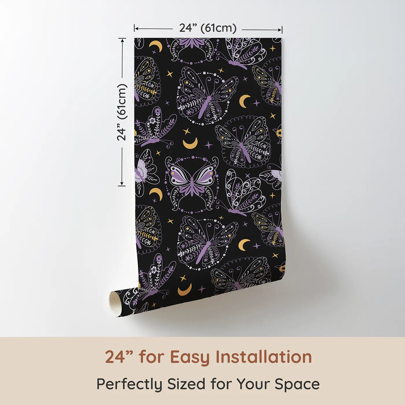 Dimension view of Whimsy Tots Starglow Garden Butterfly Wallpaper in Charcoal Gray (W3055B). Printed in 24-inch-wide panel for easy installation. Whimsical butterflies with floral wings float under golden stars.