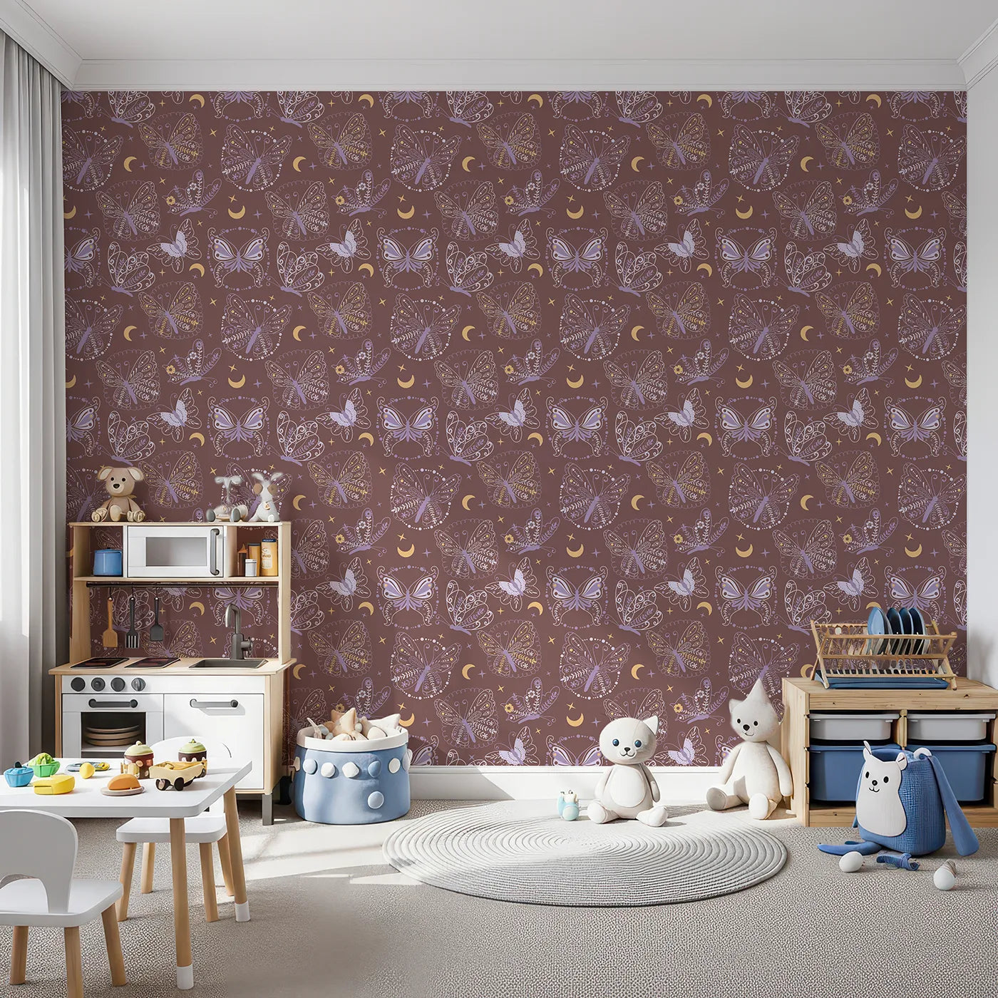 Front view of Whimsy Tots' Starglow Garden Butterfly Wallpaper in Rosewood Pink