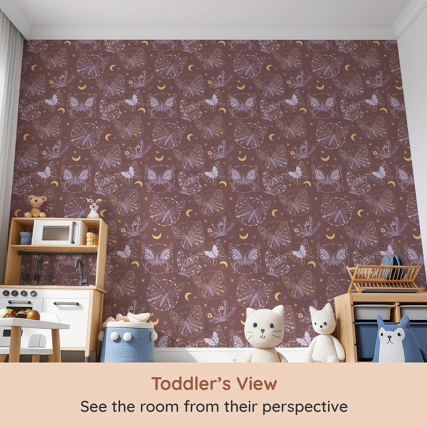 Whimsy Tots Starglow Garden Butterfly Wallpaper in Rosewood Pink (W3055C) from your child's view.Botanical butterflies flutter beneath golden stars on a warm rosewood sky.