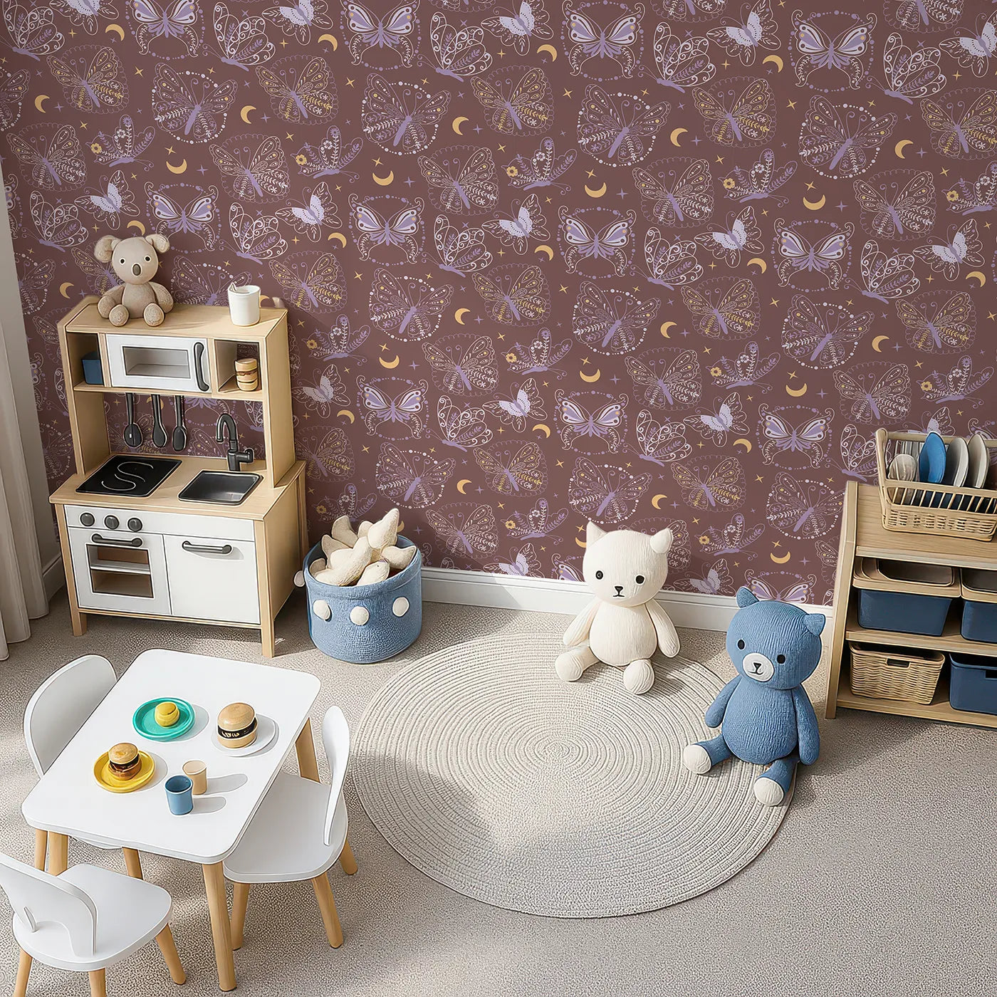 Top-Down view of Whimsy Tots' Starglow Garden Butterfly Wallpaper in Rosewood Pink (W3055C).Botanical butterflies flutter beneath golden stars on a warm rosewood sky.