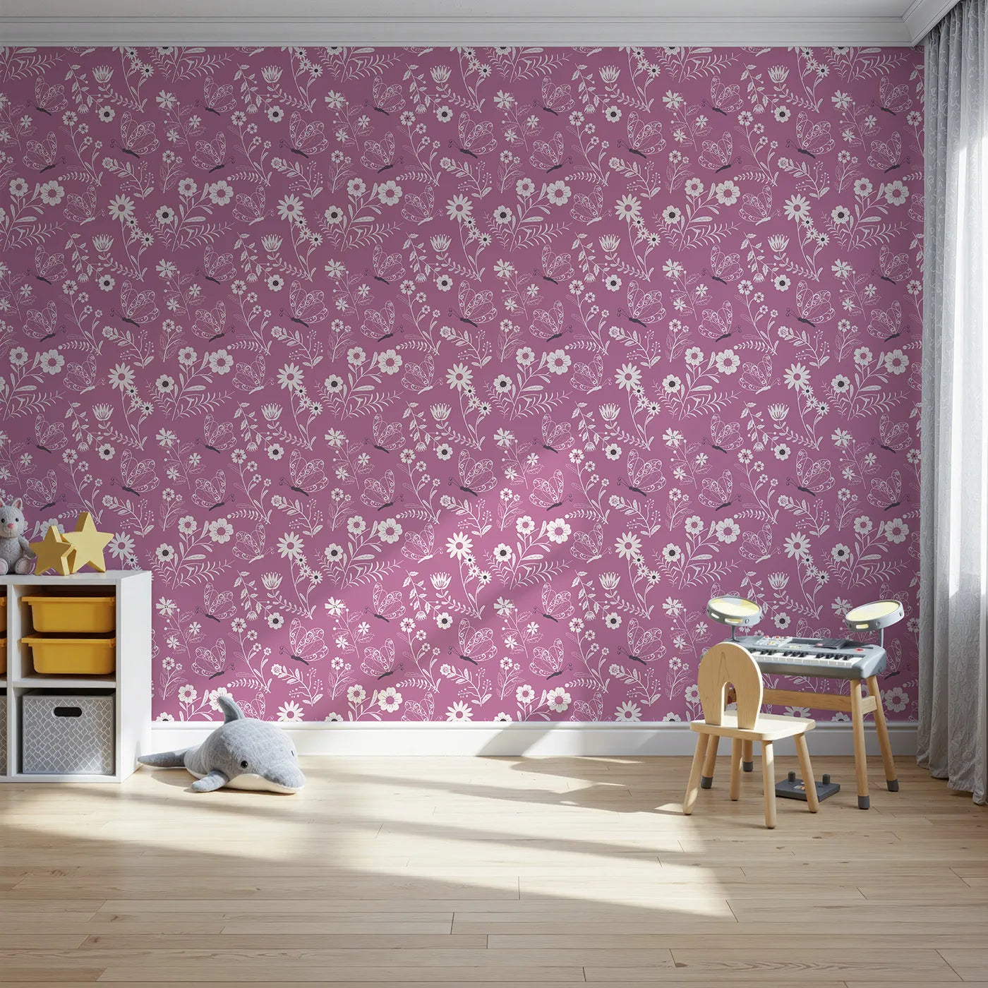 Front view of Whimsy Tots' Floral Flutter Butterfly Wallpaper in Berry Pink