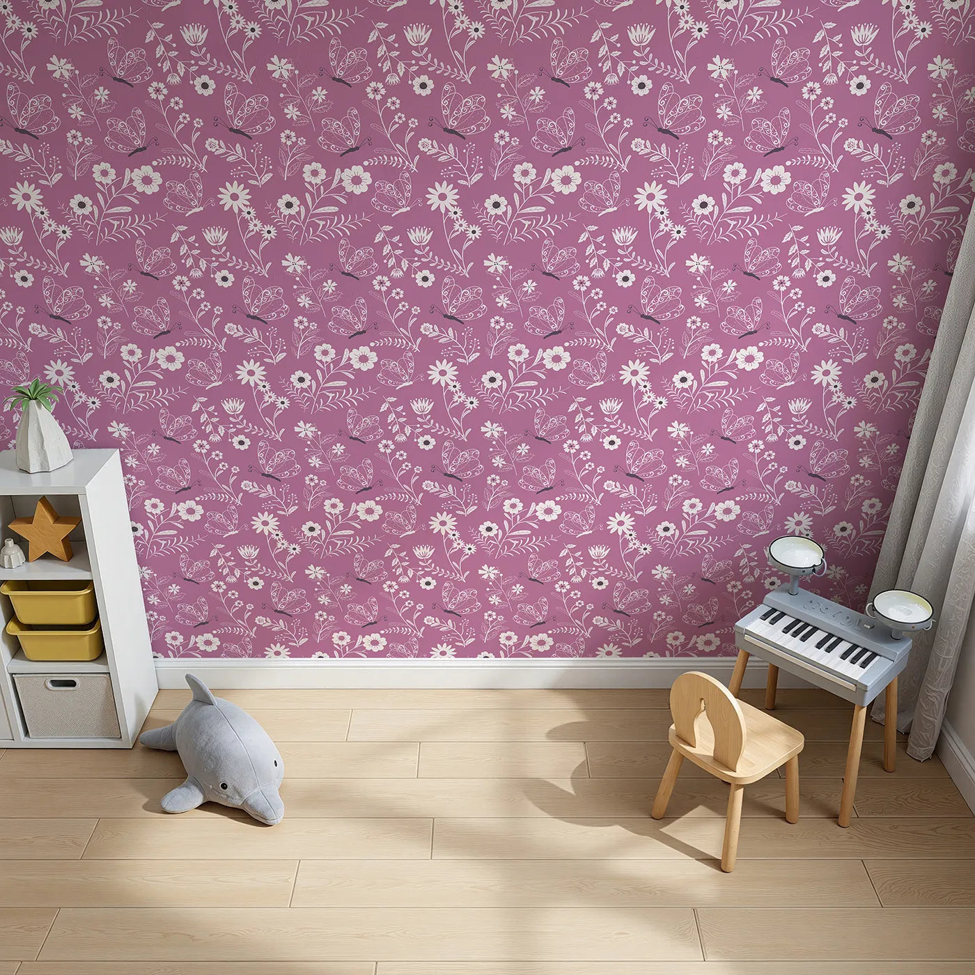 Top-Down view of Whimsy Tots' Floral Flutter Butterfly Wallpaper in Berry Pink (W3056A).Curly-winged butterflies dance among sketchy white florals on berry pink.