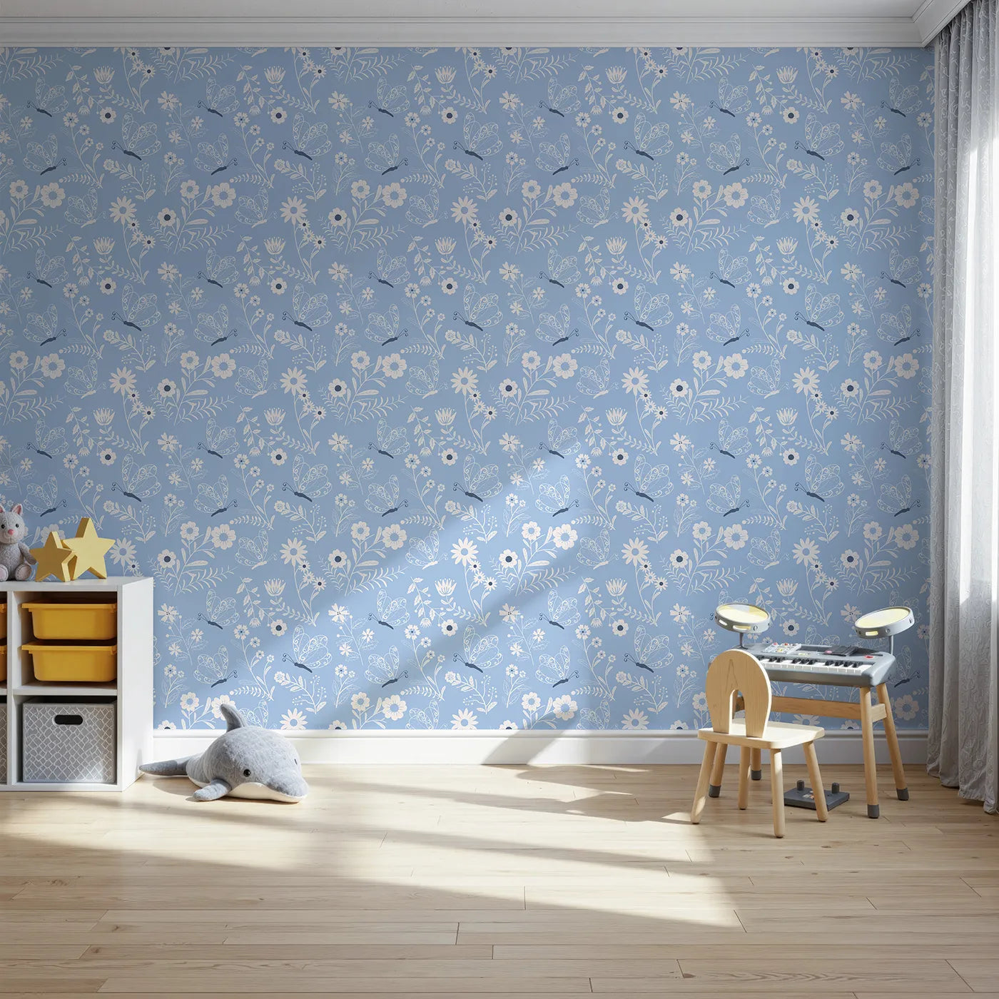 Front view of Whimsy Tots' Floral Flutter Butterfly Wallpaper in Powder Blue