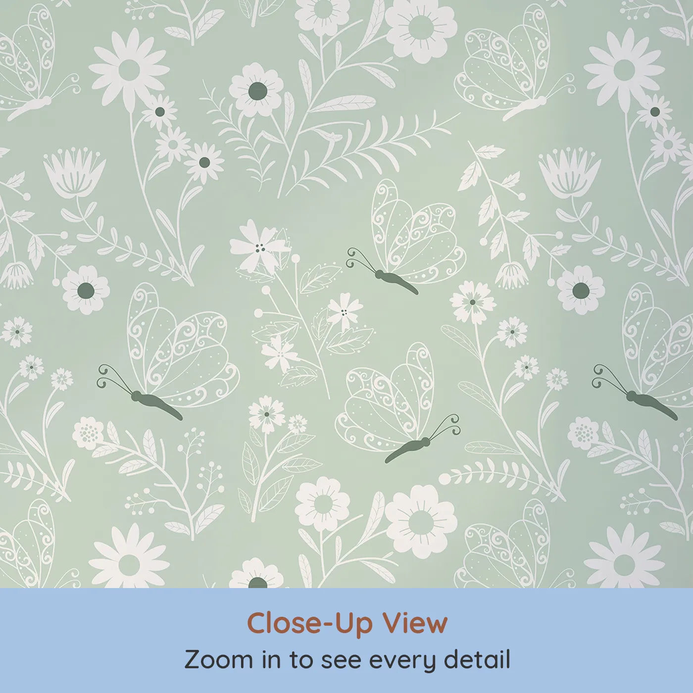 Close-up view of Whimsy Tots' Floral Flutter Butterfly Wallpaper in Sage Green (W3056C).Graceful butterflies and wildflowers wander across soft sage green.