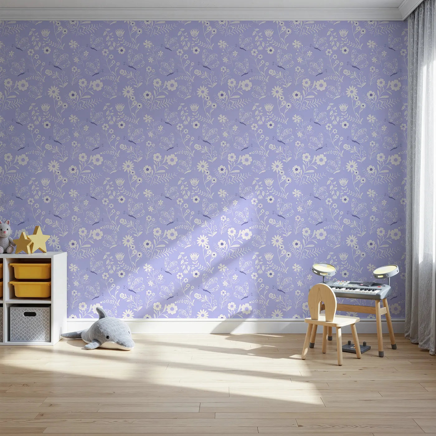 Front view of Whimsy Tots' Floral Flutter Butterfly Wallpaper in Lavender Mist