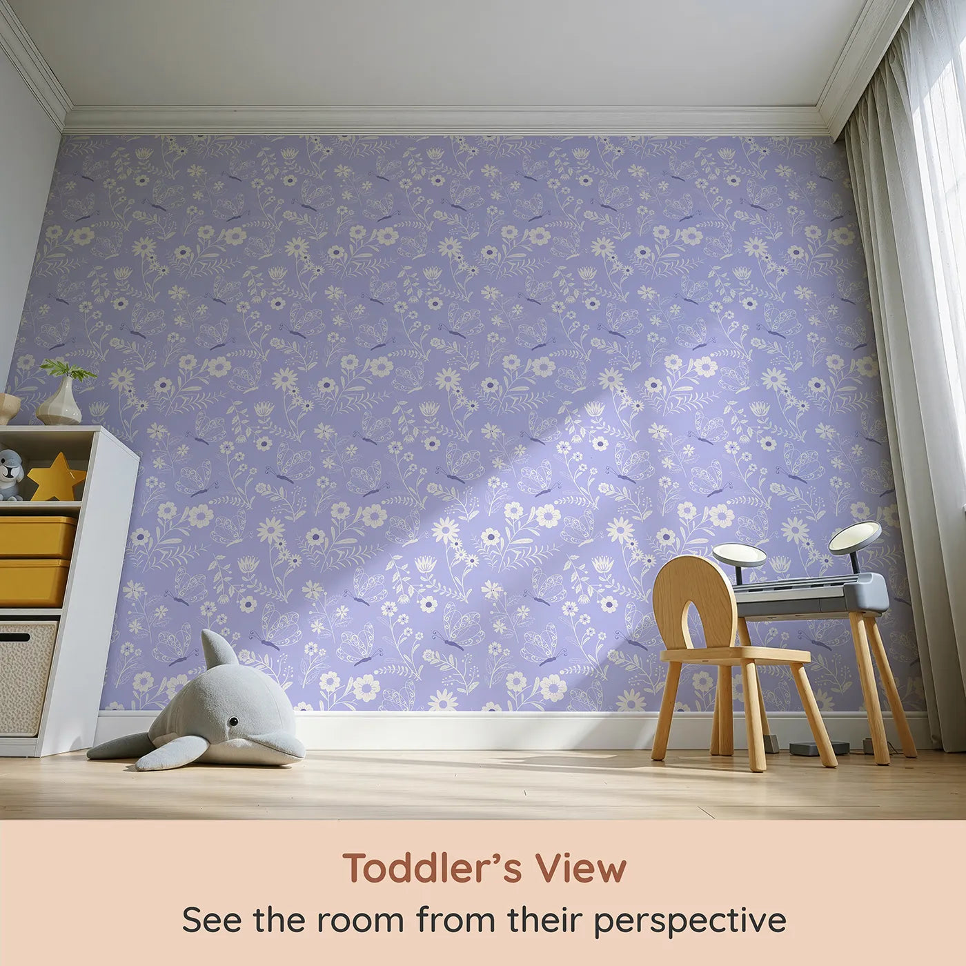 Whimsy Tots Floral Flutter Butterfly Wallpaper in Lavender Mist (W3056D) from your child's view.Butterflies and blossoms sway gently across lavender skies.