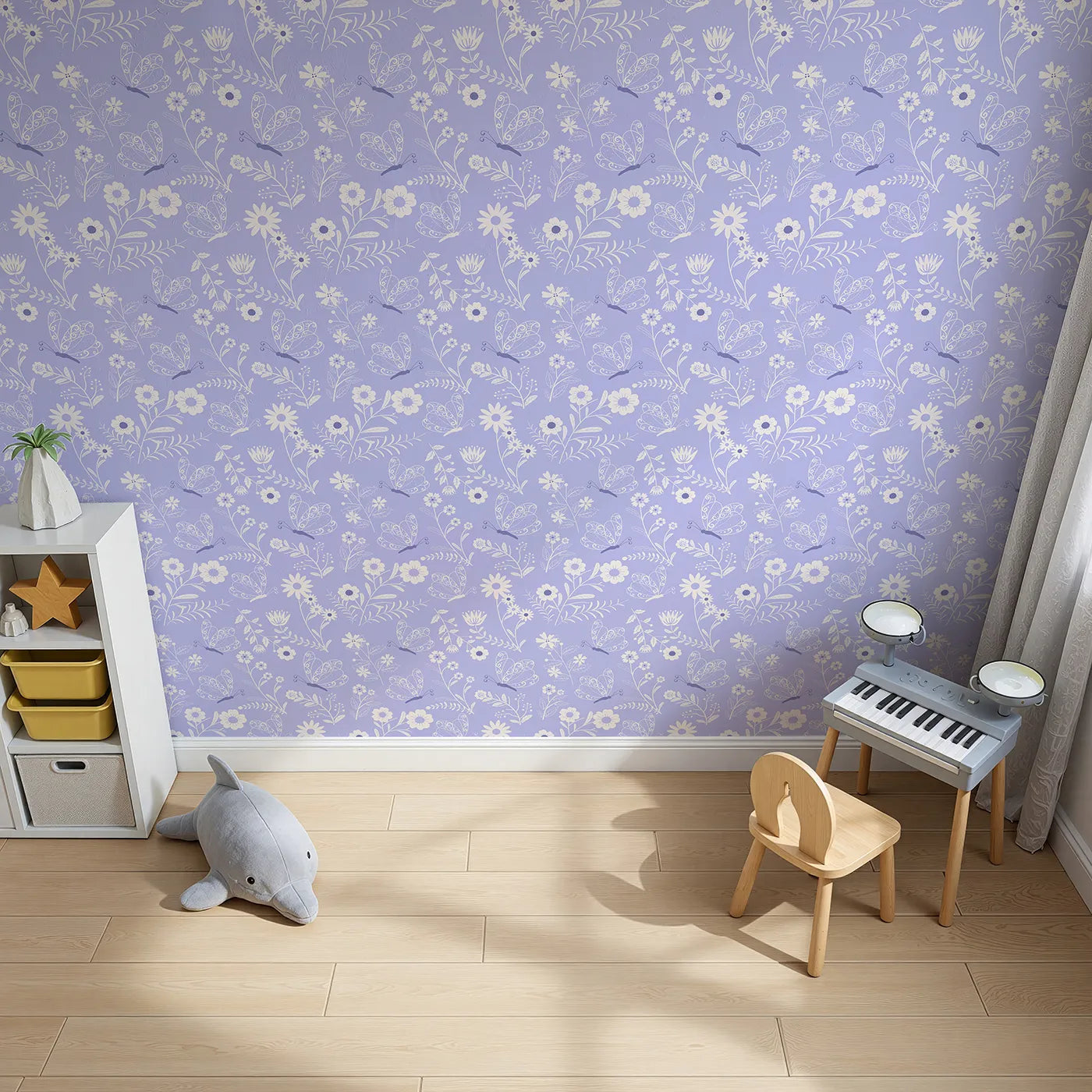 Top-Down view of Whimsy Tots' Floral Flutter Butterfly Wallpaper in Lavender Mist (W3056D).Butterflies and blossoms sway gently across lavender skies.