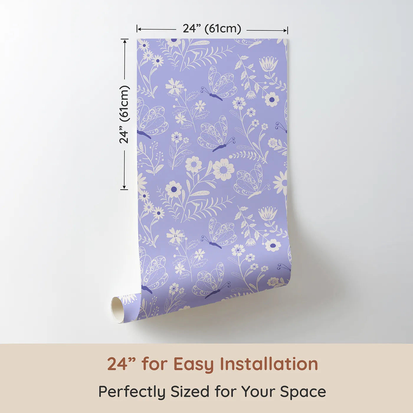 Dimension view of Whimsy Tots Floral Flutter Butterfly Wallpaper in Lavender Mist (W3056D). Printed in 24-inch-wide panel for easy installation. Butterflies and blossoms sway gently across lavender skies.