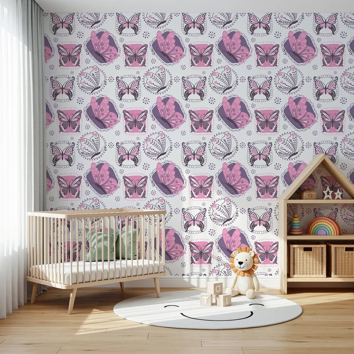 Front view of Whimsy Tots' Patchwork Garden Butterfly Wallpaper in Pink