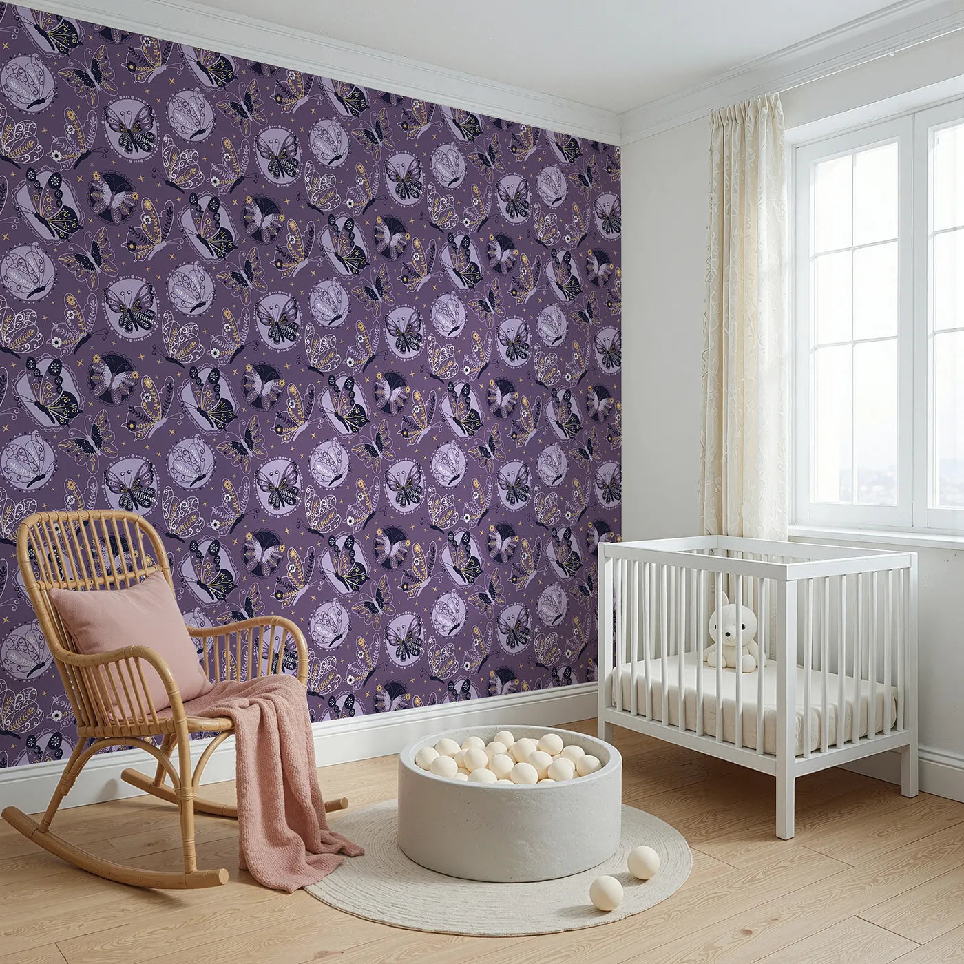 Angled view of Whimsy Tots' Twilight Tapestry Butterfly Wallpaper in Grape Purple (W3058).Ornate butterflies glide across grape skies in a stitched floral fantasy.