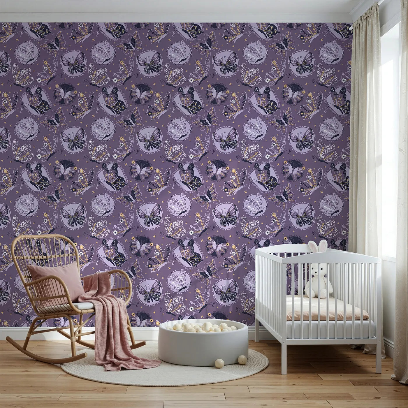 Front view of Whimsy Tots' Twilight Tapestry Butterfly Wallpaper in Grape Purple