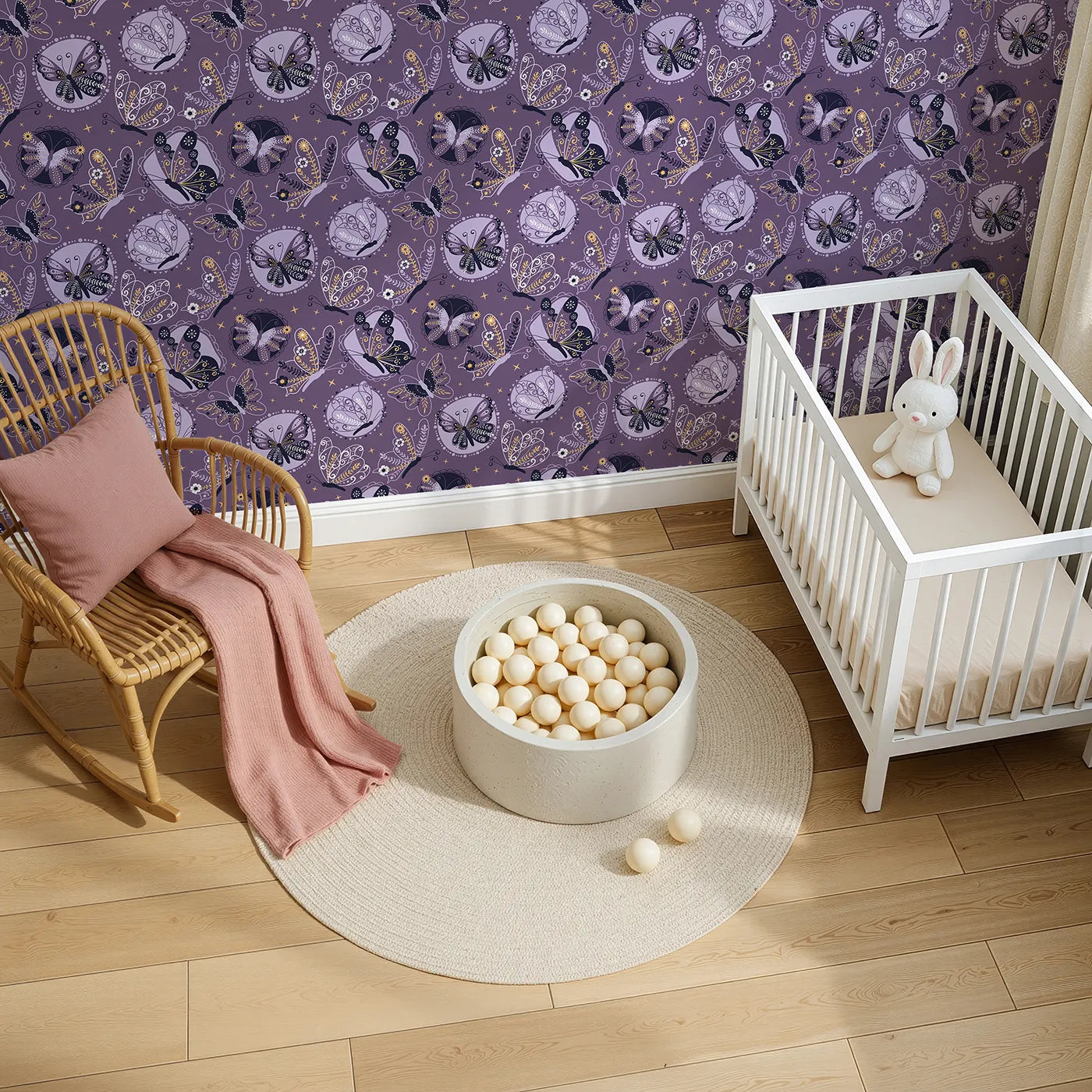 Top-Down view of Whimsy Tots' Twilight Tapestry Butterfly Wallpaper in Grape Purple (W3058).Ornate butterflies glide across grape skies in a stitched floral fantasy.