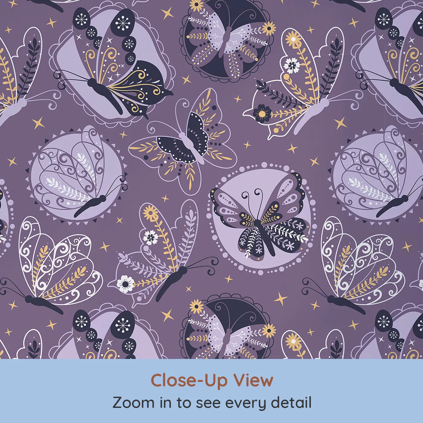 Close-up view of Whimsy Tots' Twilight Tapestry Butterfly Wallpaper in Grape Purple (W3058).Ornate butterflies glide across grape skies in a stitched floral fantasy.