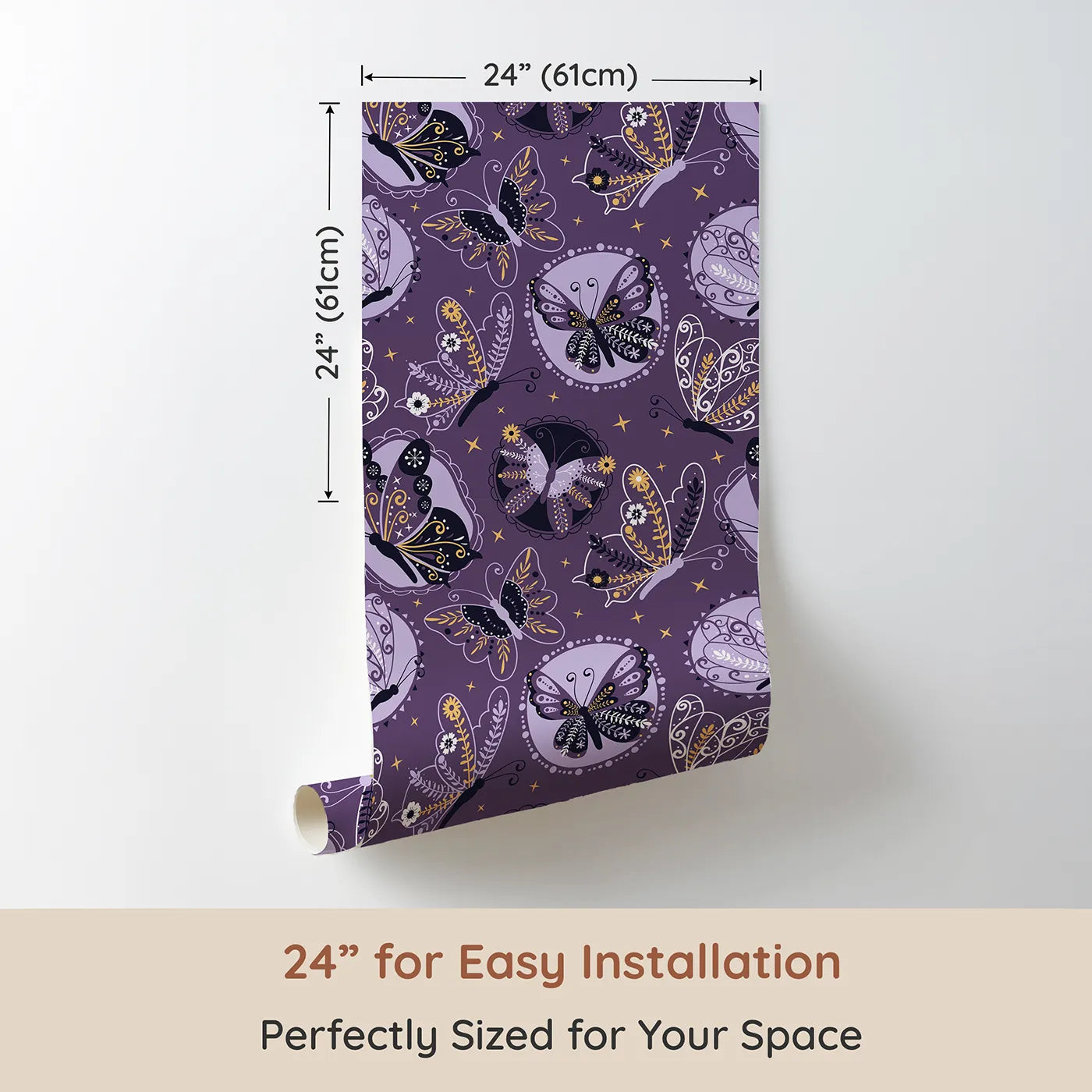 Dimension view of Whimsy Tots Twilight Tapestry Butterfly Wallpaper in Grape Purple (W3058). Printed in 24-inch-wide panel for easy installation. Ornate butterflies glide across grape skies in a stitched floral fantasy.