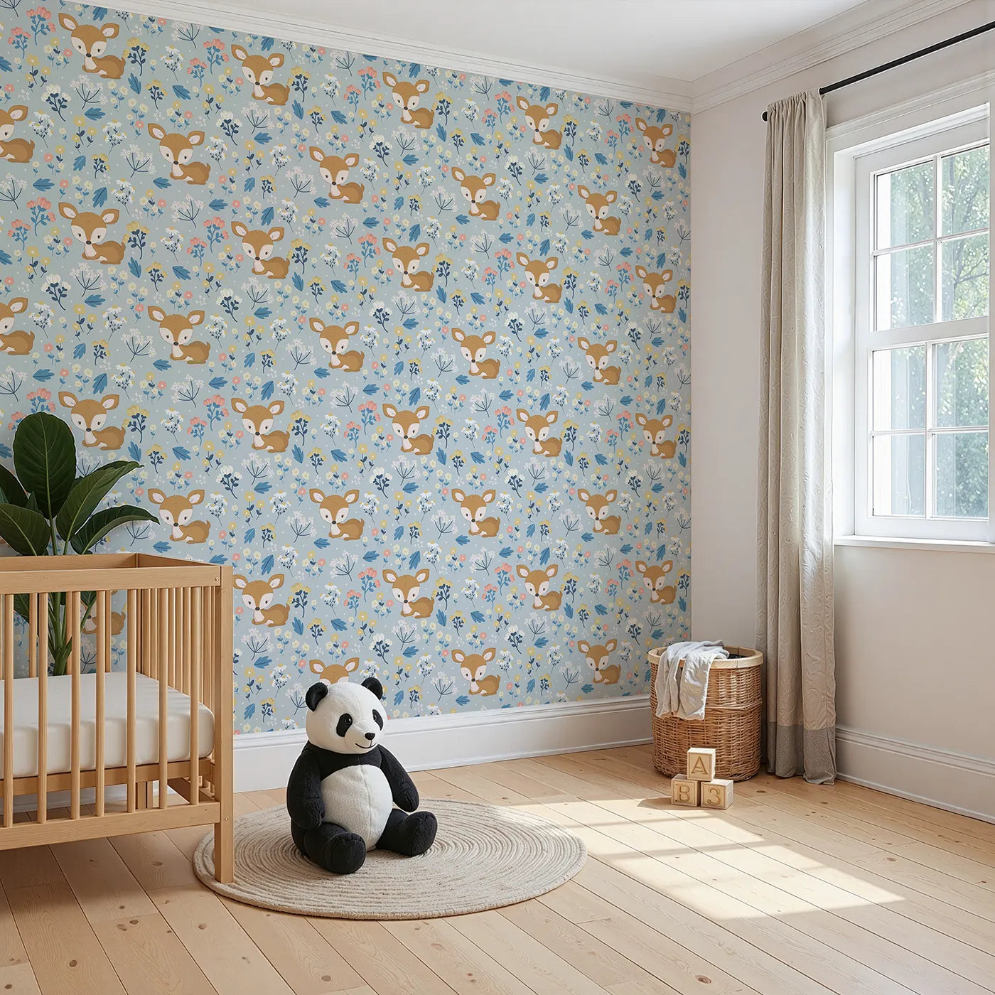 Angled view of Whimsy Tots' Meadow Cuddles Deer Wallpaper in Sky Blue (W3059A).Sleepy baby deer rest among wildflowers and gentle blue skies.