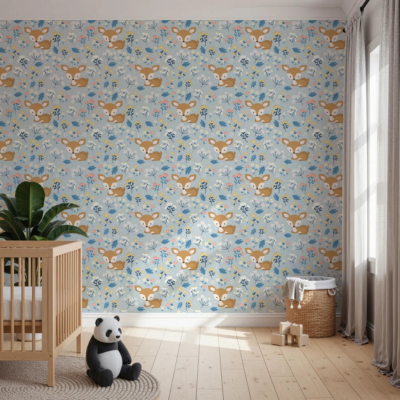 Front view of Whimsy Tots' Meadow Cuddles Deer Wallpaper in Sky Blue