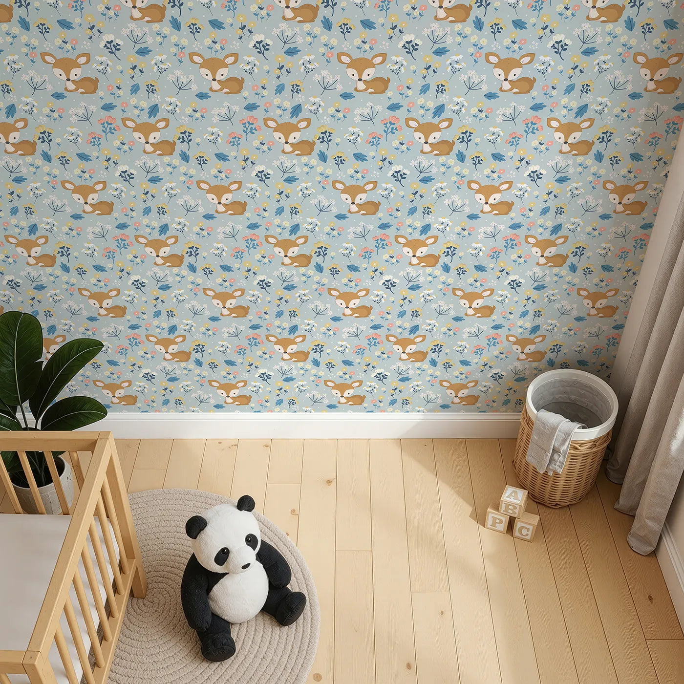 Top-Down view of Whimsy Tots' Meadow Cuddles Deer Wallpaper in Sky Blue (W3059A).Sleepy baby deer rest among wildflowers and gentle blue skies.