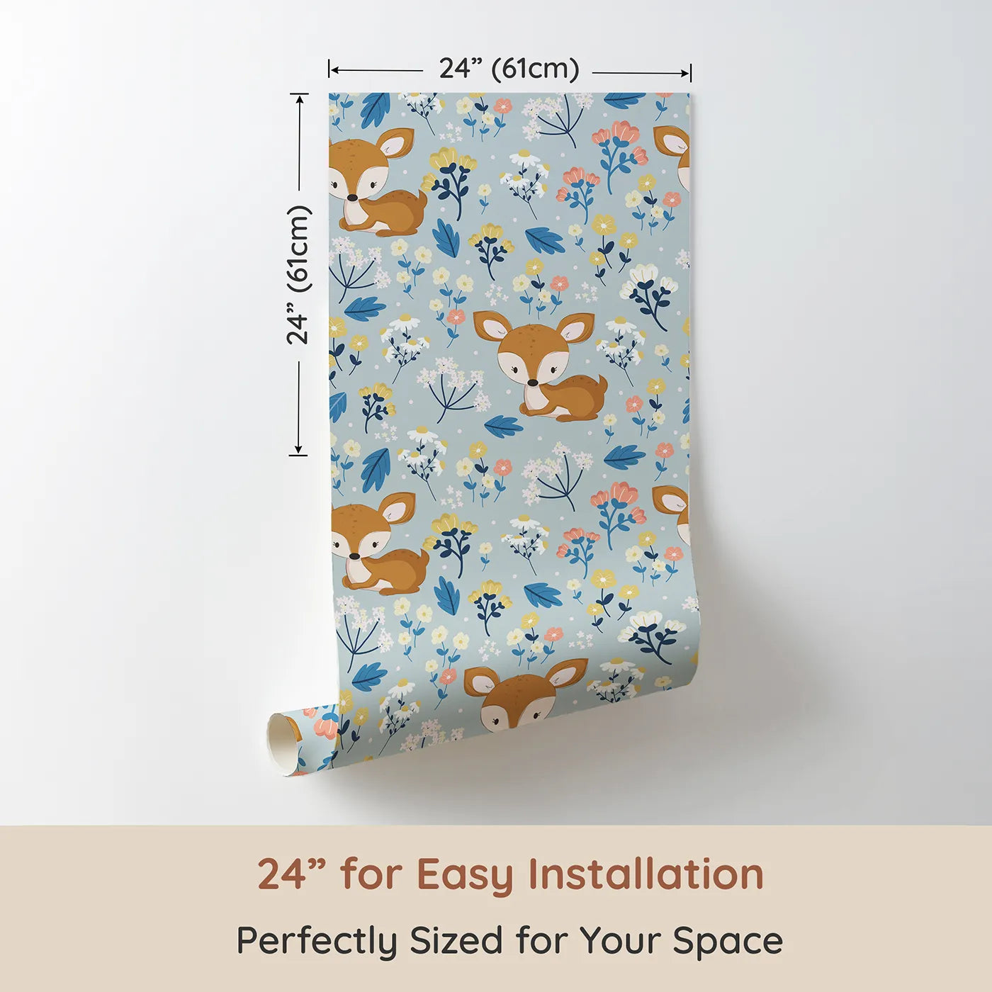 Dimension view of Whimsy Tots Meadow Cuddles Deer Wallpaper in Sky Blue (W3059A). Printed in 24-inch-wide panel for easy installation. Sleepy baby deer rest among wildflowers and gentle blue skies.