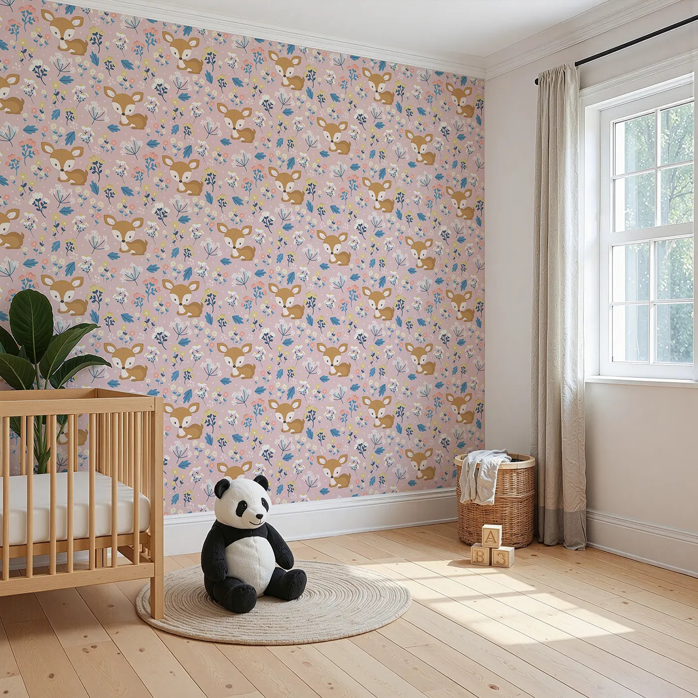 Angled view of Whimsy Tots' Meadow Cuddles Deer Wallpaper in Soft Sand (W3059B).Gentle baby deer and flowers bloom on a soft sandy beige field.