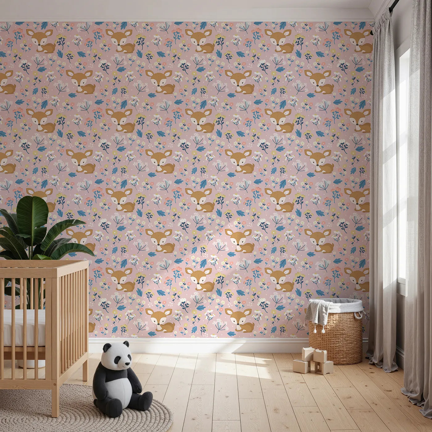 Front view of Whimsy Tots' Meadow Cuddles Deer Wallpaper in Soft Sand