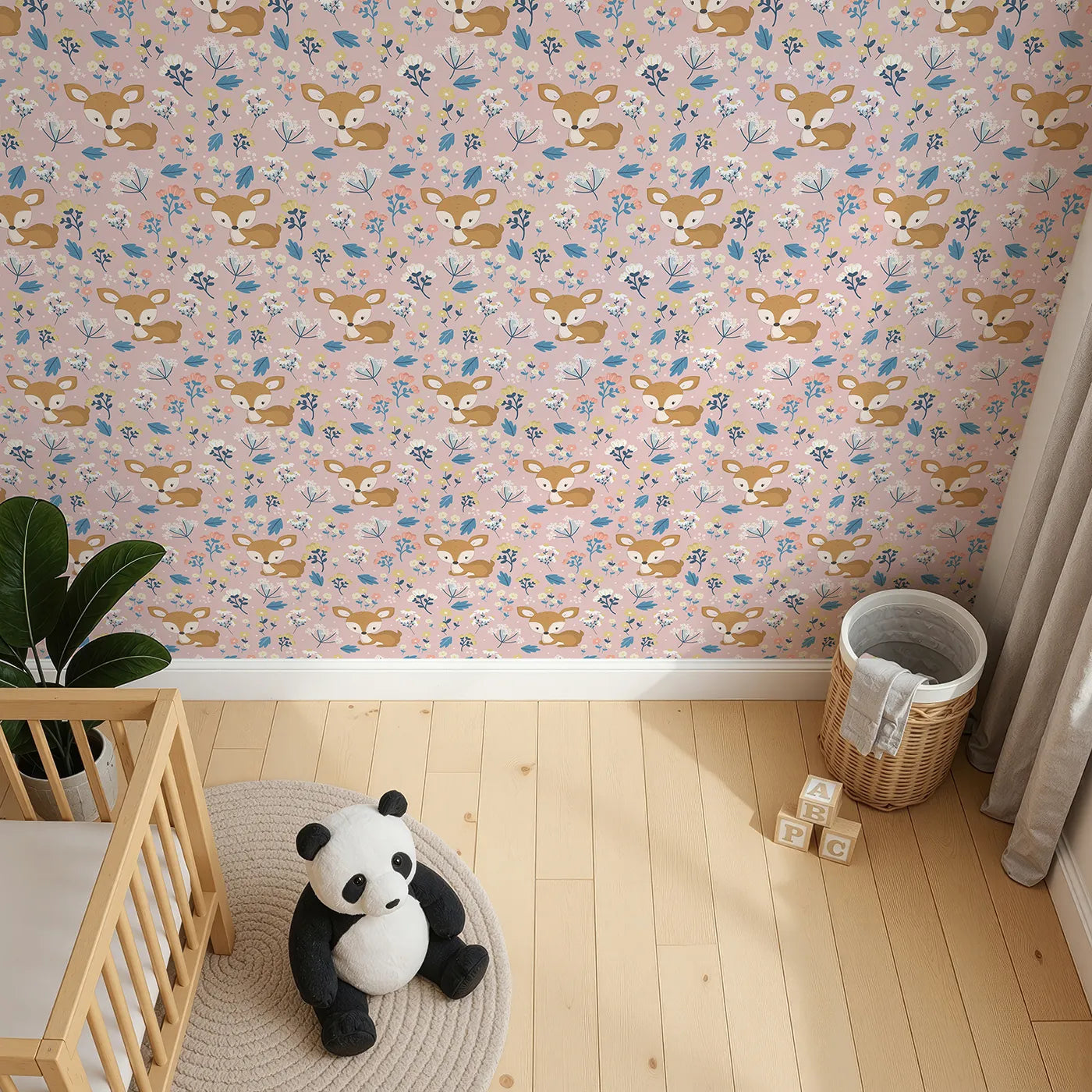 Top-Down view of Whimsy Tots' Meadow Cuddles Deer Wallpaper in Soft Sand (W3059B).Gentle baby deer and flowers bloom on a soft sandy beige field.