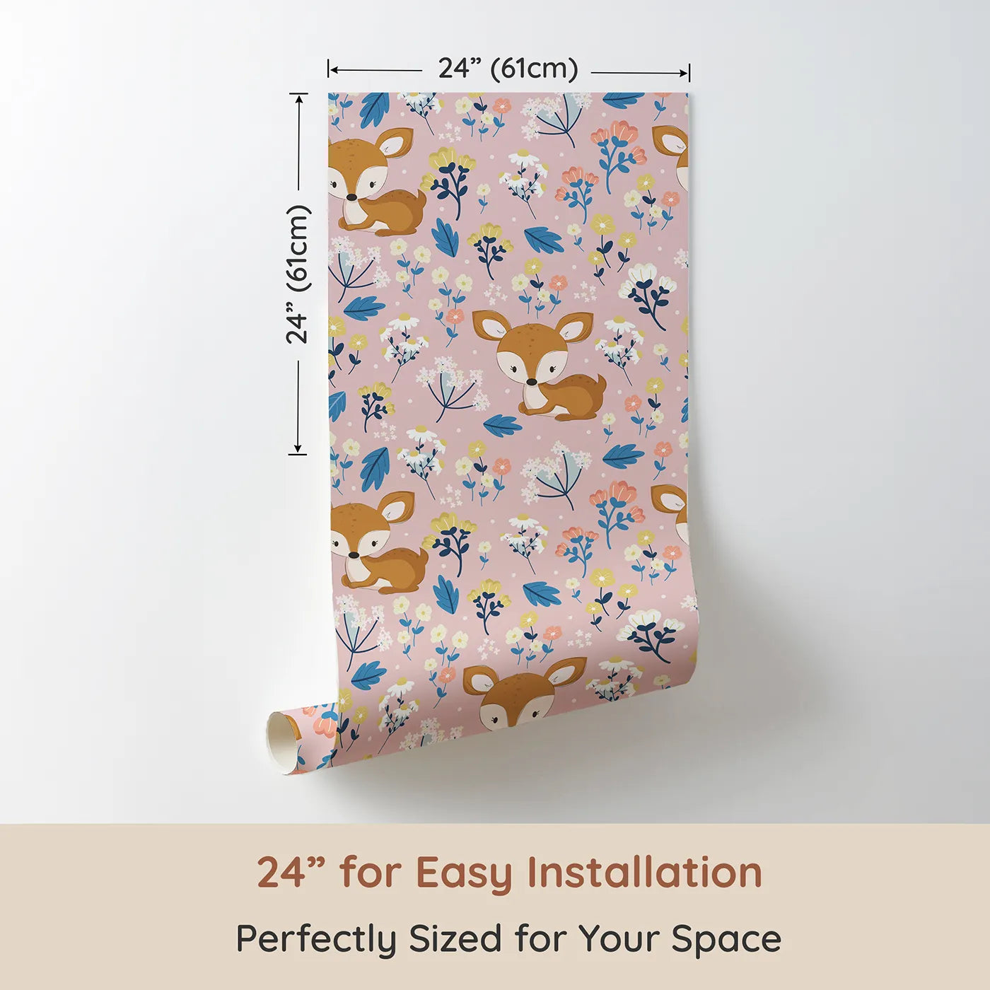 Dimension view of Whimsy Tots Meadow Cuddles Deer Wallpaper in Soft Sand (W3059B). Printed in 24-inch-wide panel for easy installation. Gentle baby deer and flowers bloom on a soft sandy beige field.