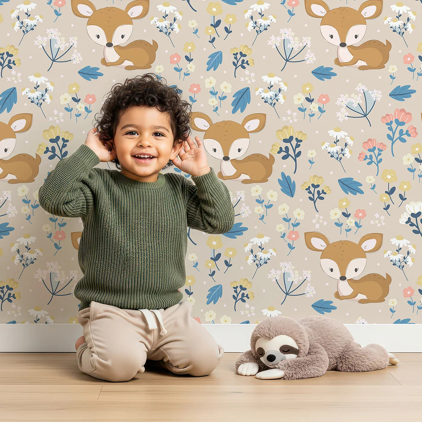 Lovely child standing in front of Whimsy Tots Meadow Cuddles Deer Wallpaper in Petal Pink with deer, flower, leaf, blossom in design.
