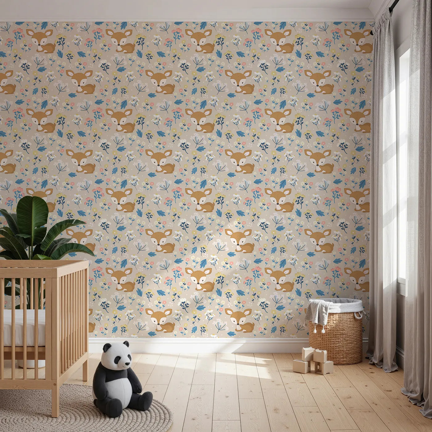 Front view of Whimsy Tots' Meadow Cuddles Deer Wallpaper in Petal Pink