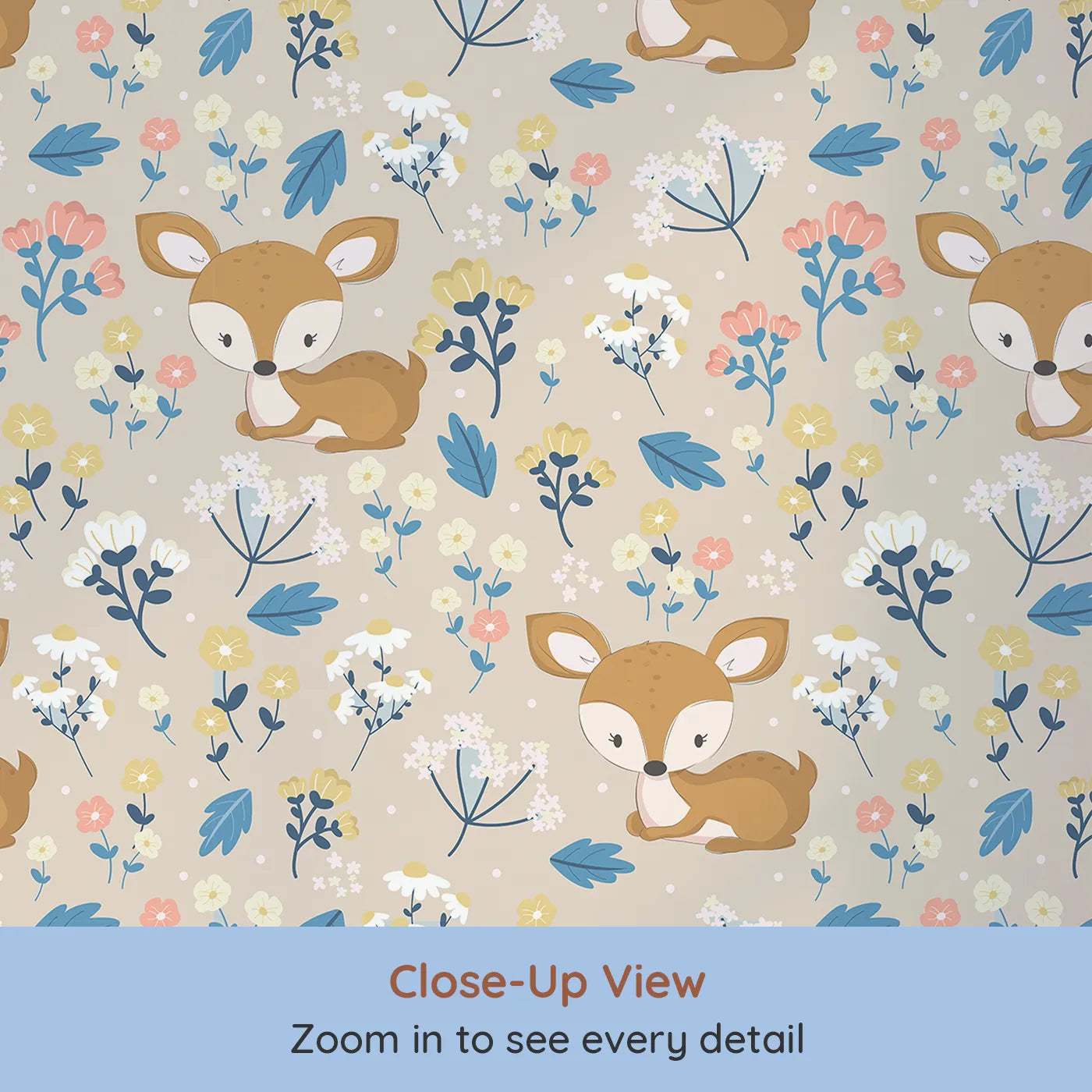 Close-up view of Whimsy Tots' Meadow Cuddles Deer Wallpaper in Petal Pink (W3059C).Blossoming florals and cuddly baby deer on a gentle petal pink field.