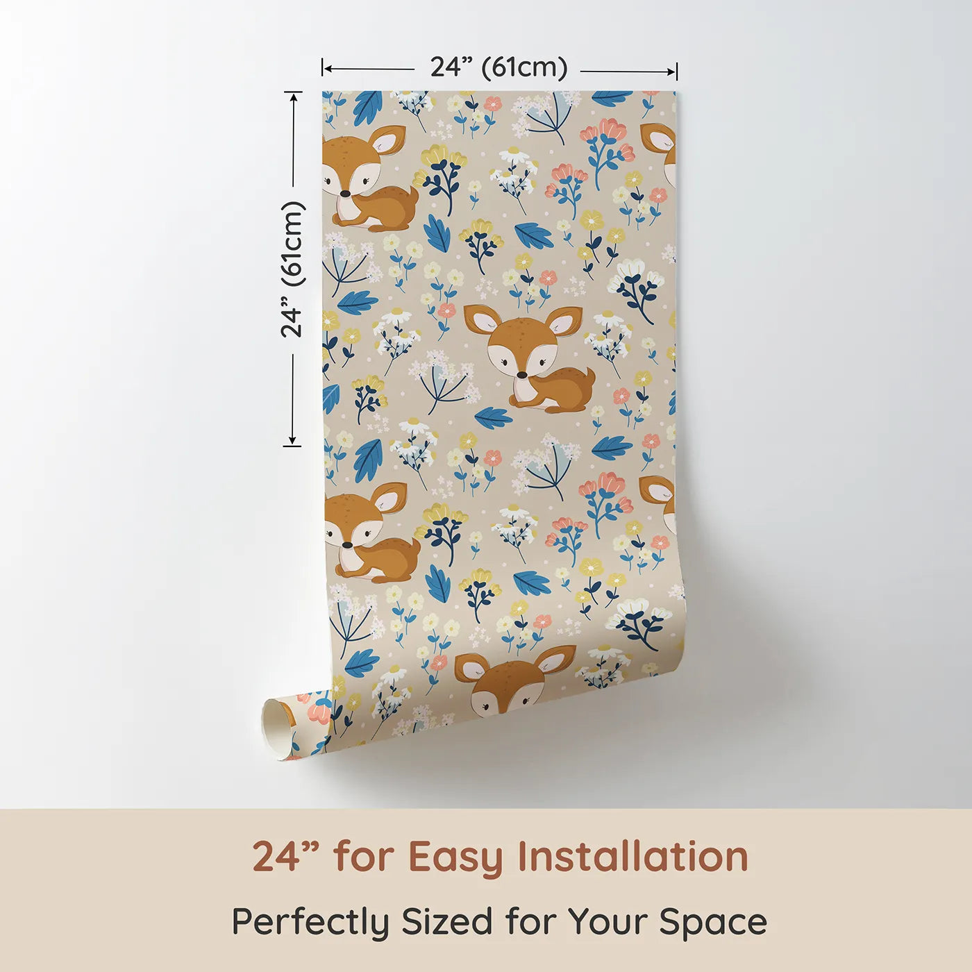 Dimension view of Whimsy Tots Meadow Cuddles Deer Wallpaper in Petal Pink (W3059C). Printed in 24-inch-wide panel for easy installation. Blossoming florals and cuddly baby deer on a gentle petal pink field.