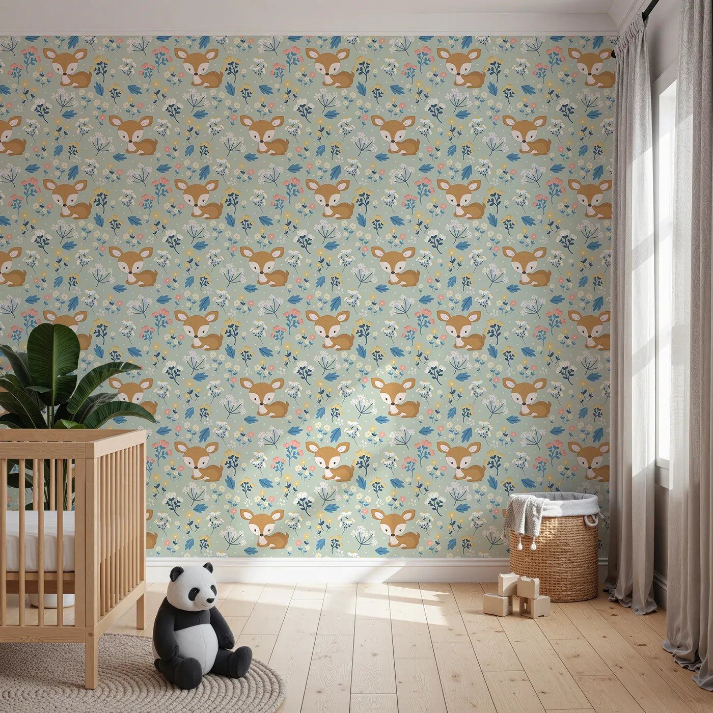 Front view of Whimsy Tots' Meadow Cuddles Deer Wallpaper in Mint Green