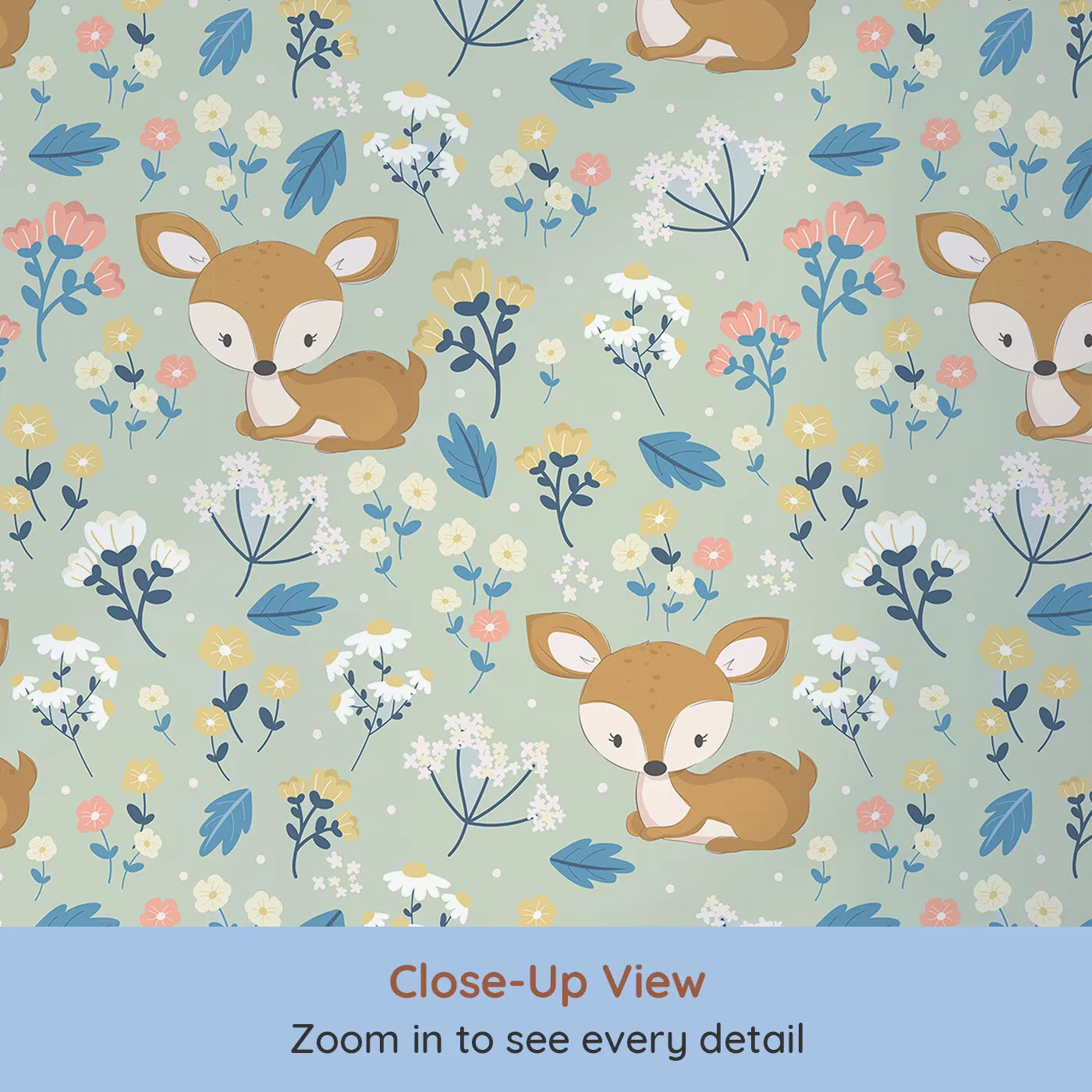 Close-up view of Whimsy Tots' Meadow Cuddles Deer Wallpaper in Mint Green (W3059D).Resting deer and blooming wildflowers on a soft mint green field.