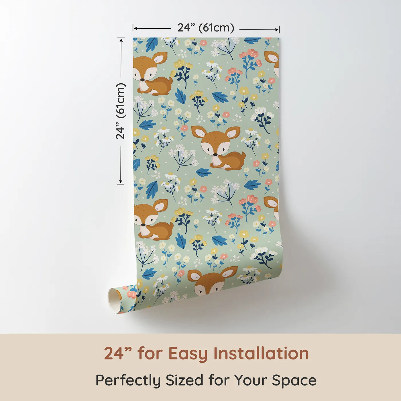 Dimension view of Whimsy Tots Meadow Cuddles Deer Wallpaper in Mint Green (W3059D). Printed in 24-inch-wide panel for easy installation. Resting deer and blooming wildflowers on a soft mint green field.