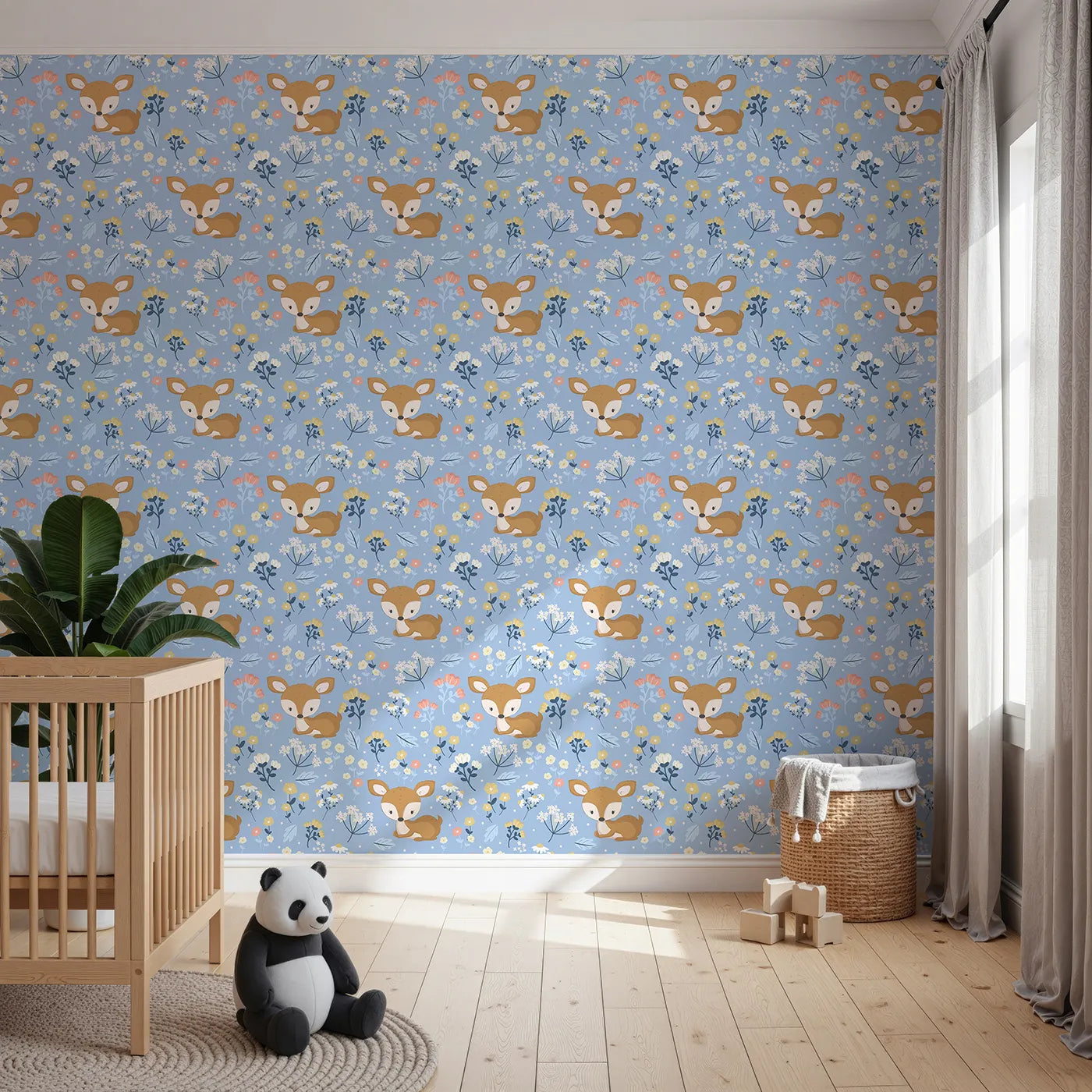 Front view of Whimsy Tots' Meadow Cuddles Deer Wallpaper in Cornflower Blue