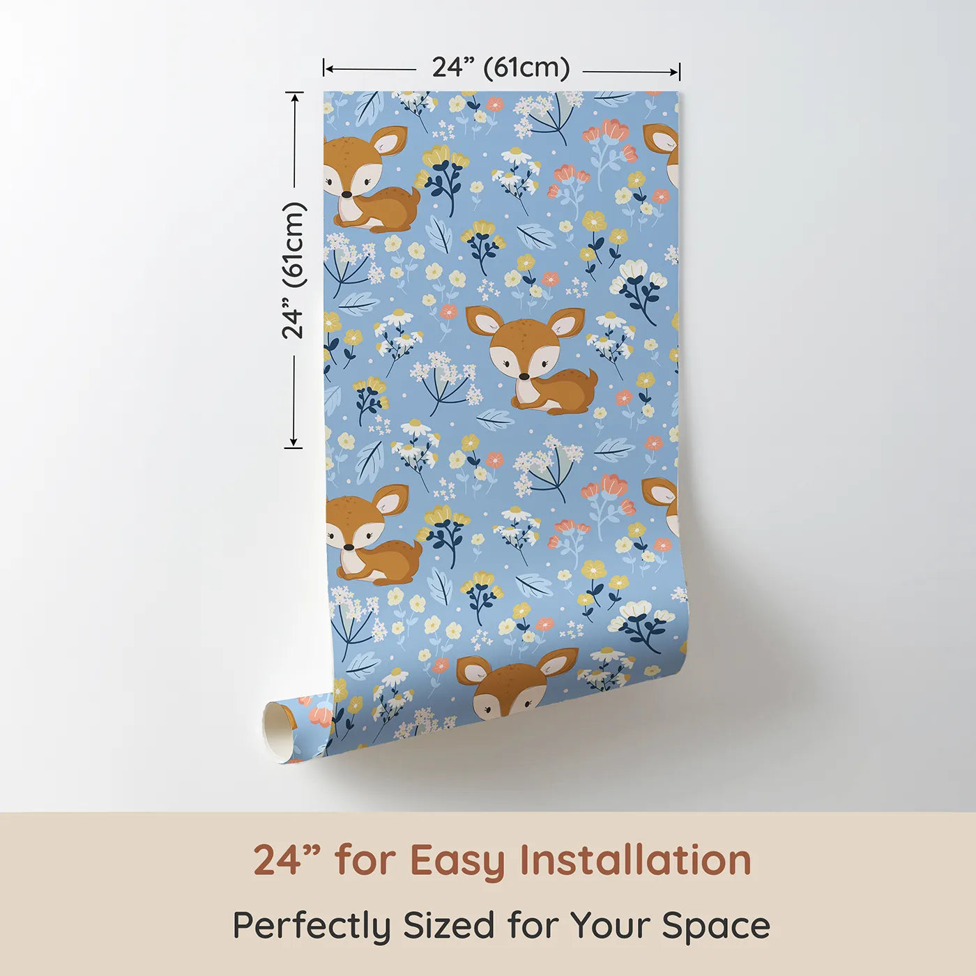 Dimension view of Whimsy Tots Meadow Cuddles Deer Wallpaper in Cornflower Blue (W3059E). Printed in 24-inch-wide panel for easy installation. Quiet baby deer rest beneath blossoms on a cool cornflower blue background.